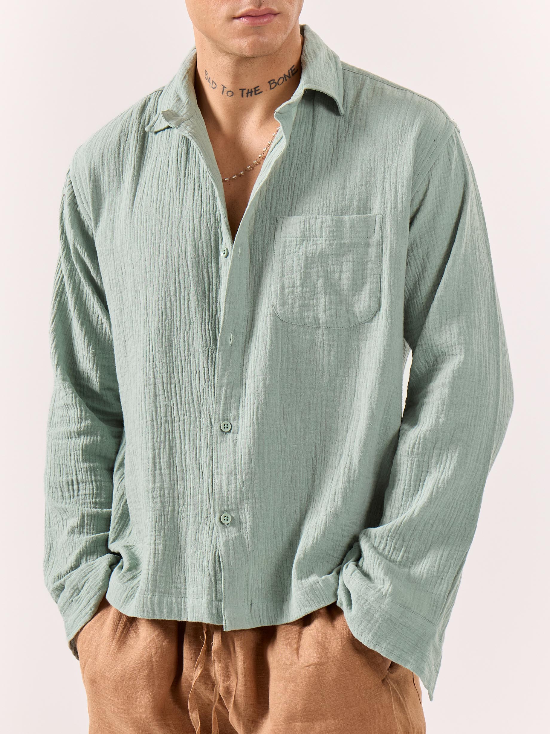 Aqua Green Gauze Holiday Shirt - Image 3
