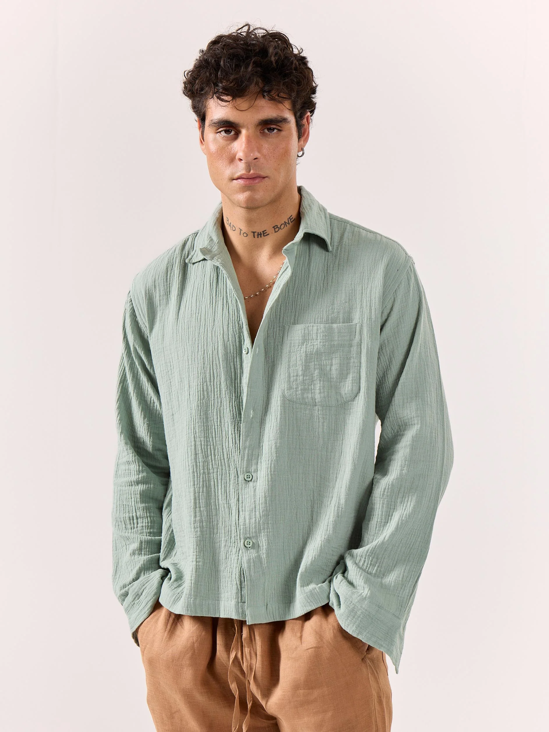 Aqua Green Gauze Holiday Shirt - Image 5