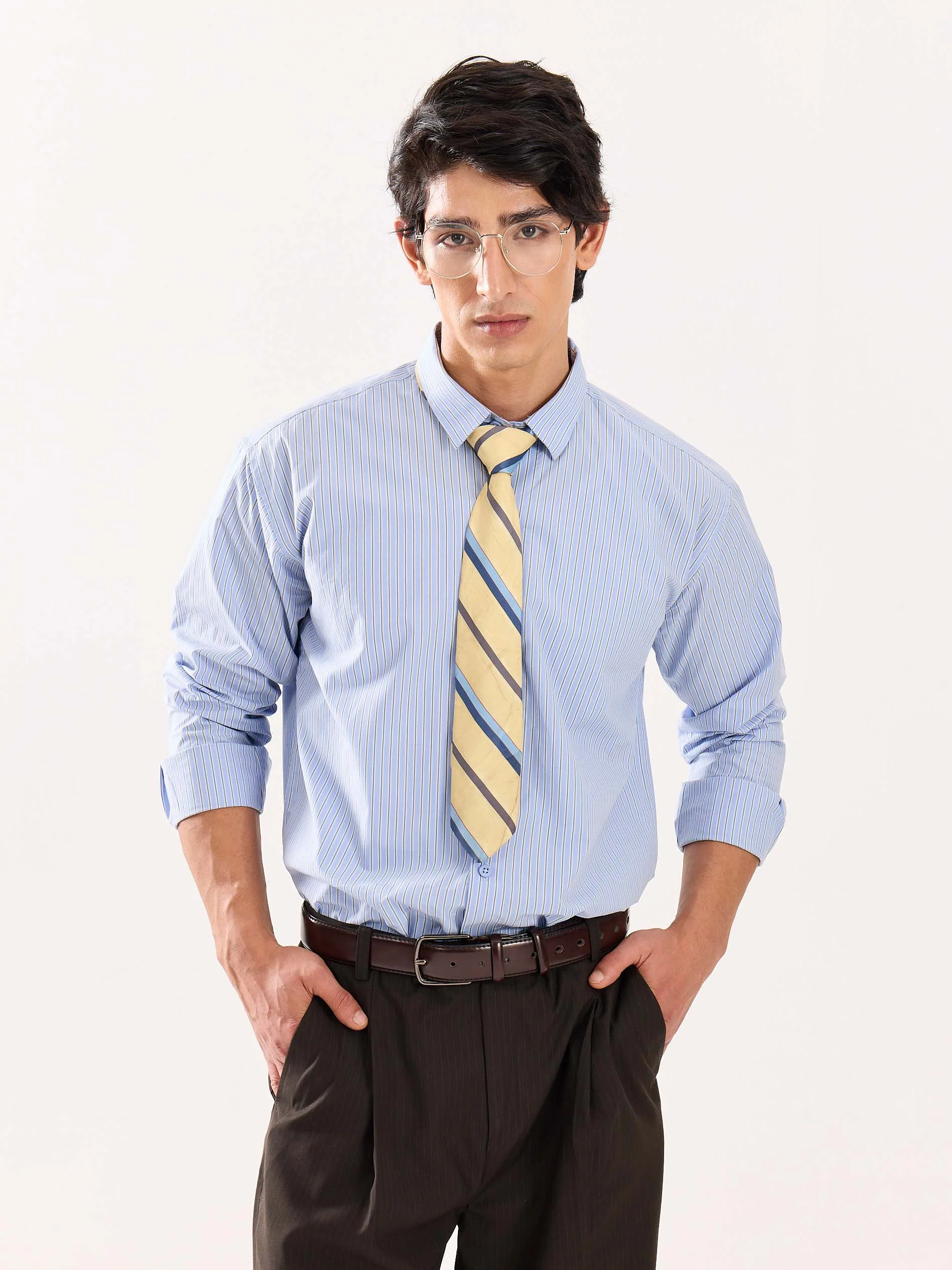 Baby Blue & Olive Striped Poplin Shirt - Image 3