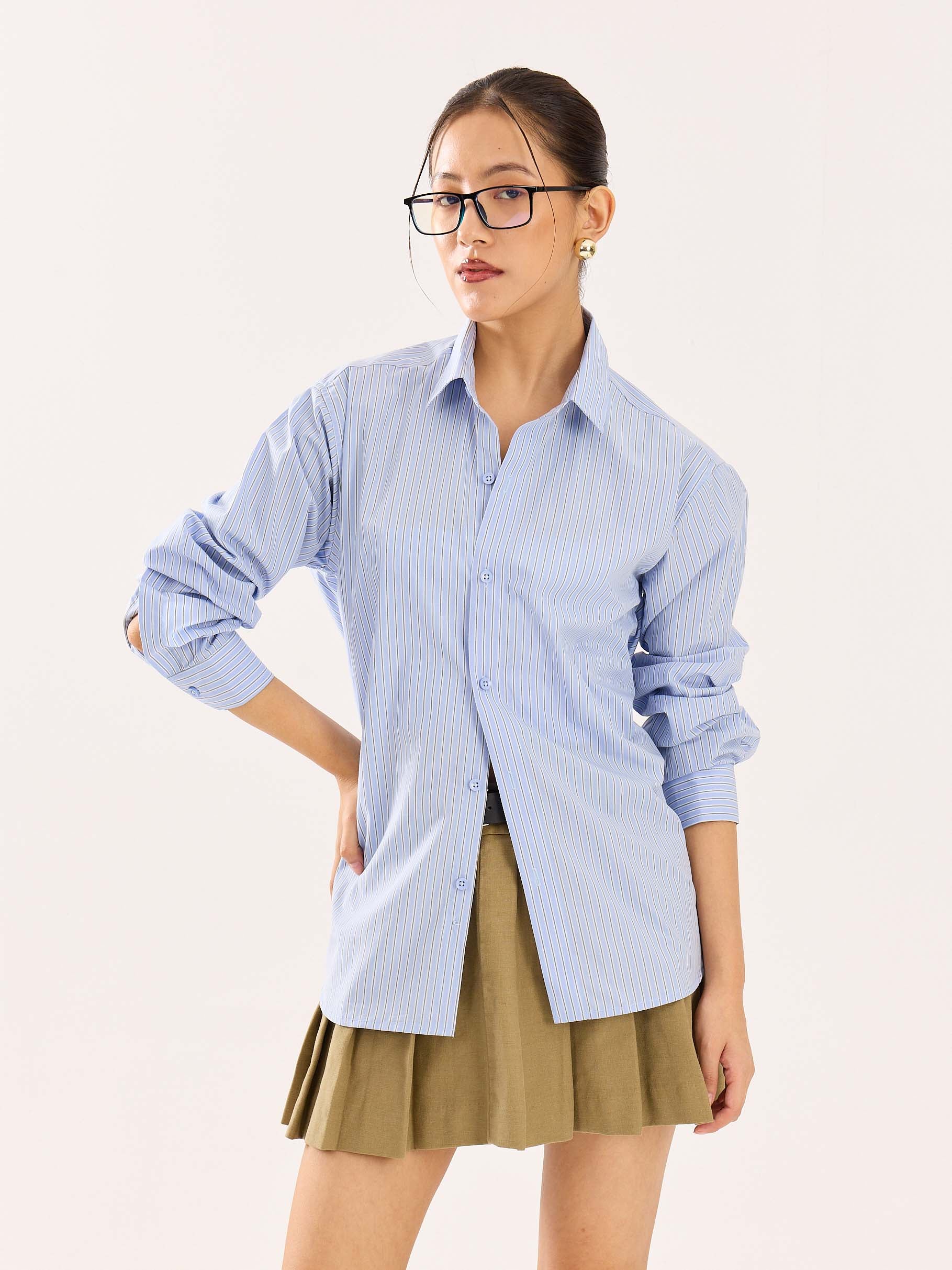Baby Blue & Olive Striped Poplin Shirt - Image 4
