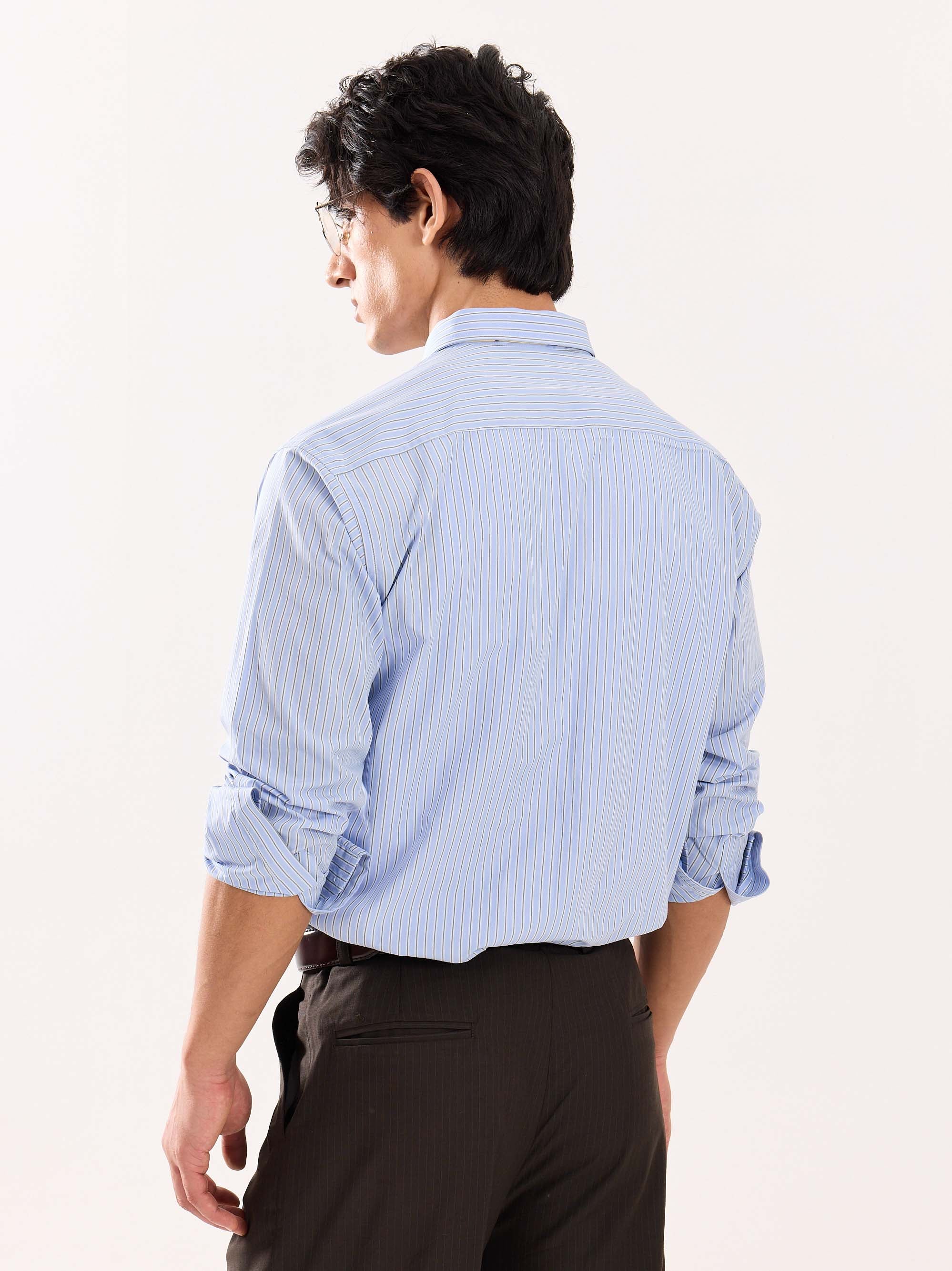 Baby Blue & Olive Striped Poplin Shirt - Image 8