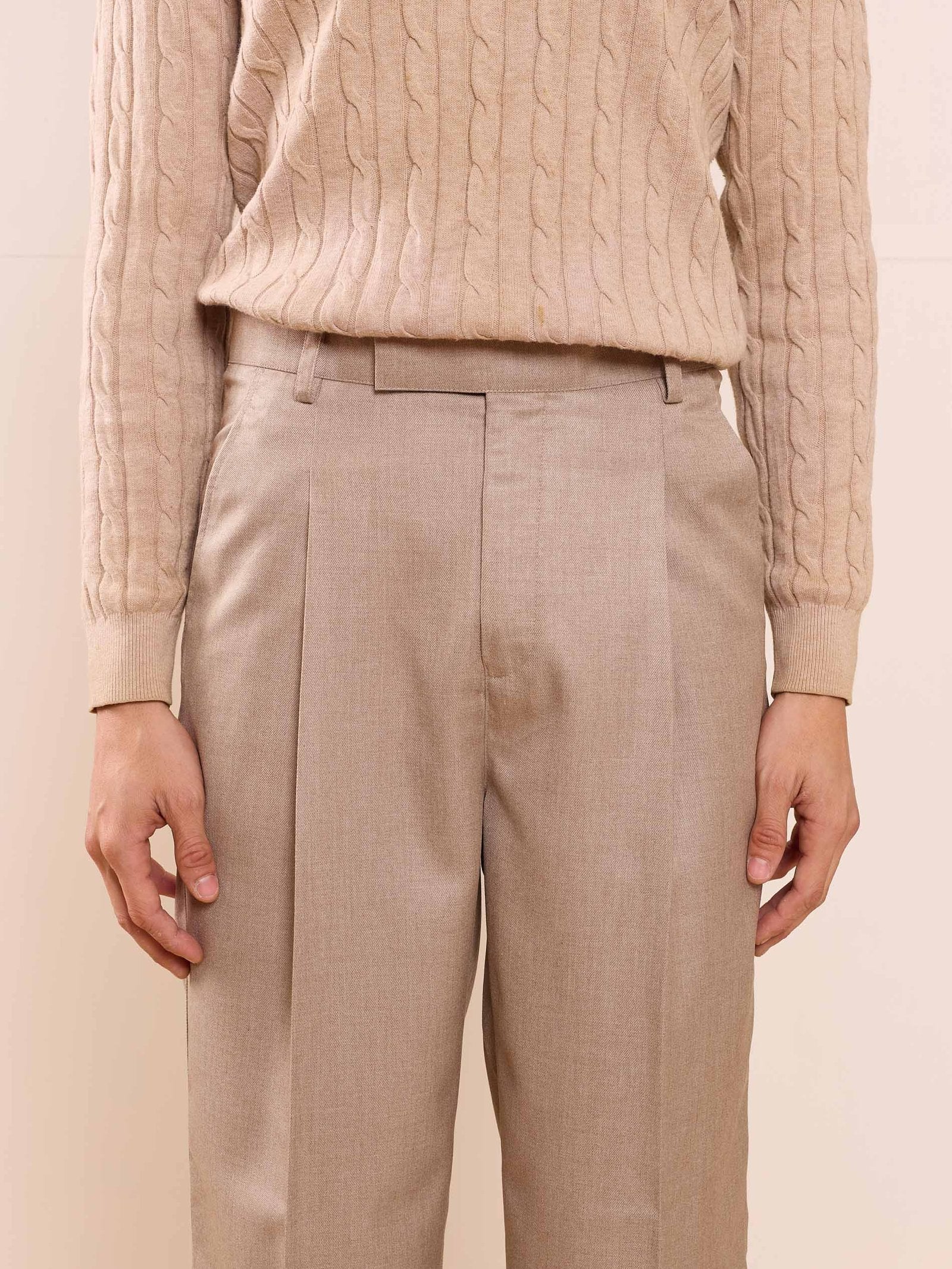 Beige Textured Baggy Fit Trousers - Image 3