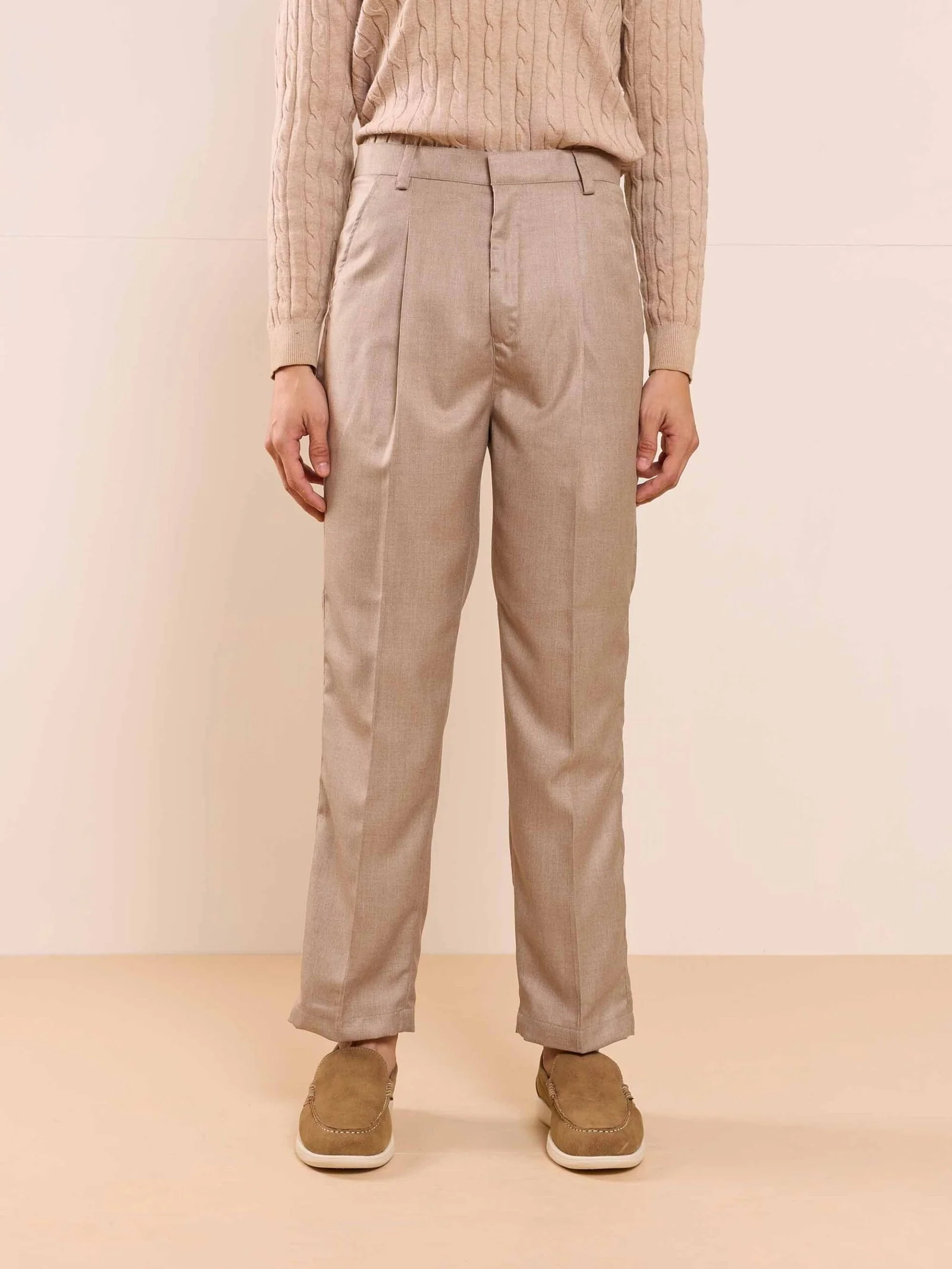 Beige Textured Baggy Fit Trousers - Image 4