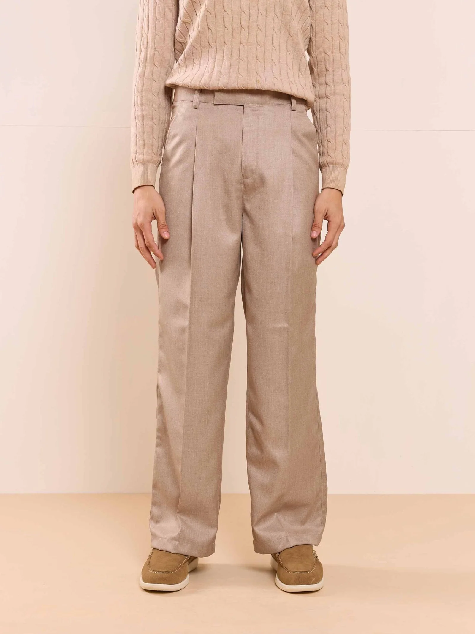 Beige Textured Baggy Fit Trousers - Image 5