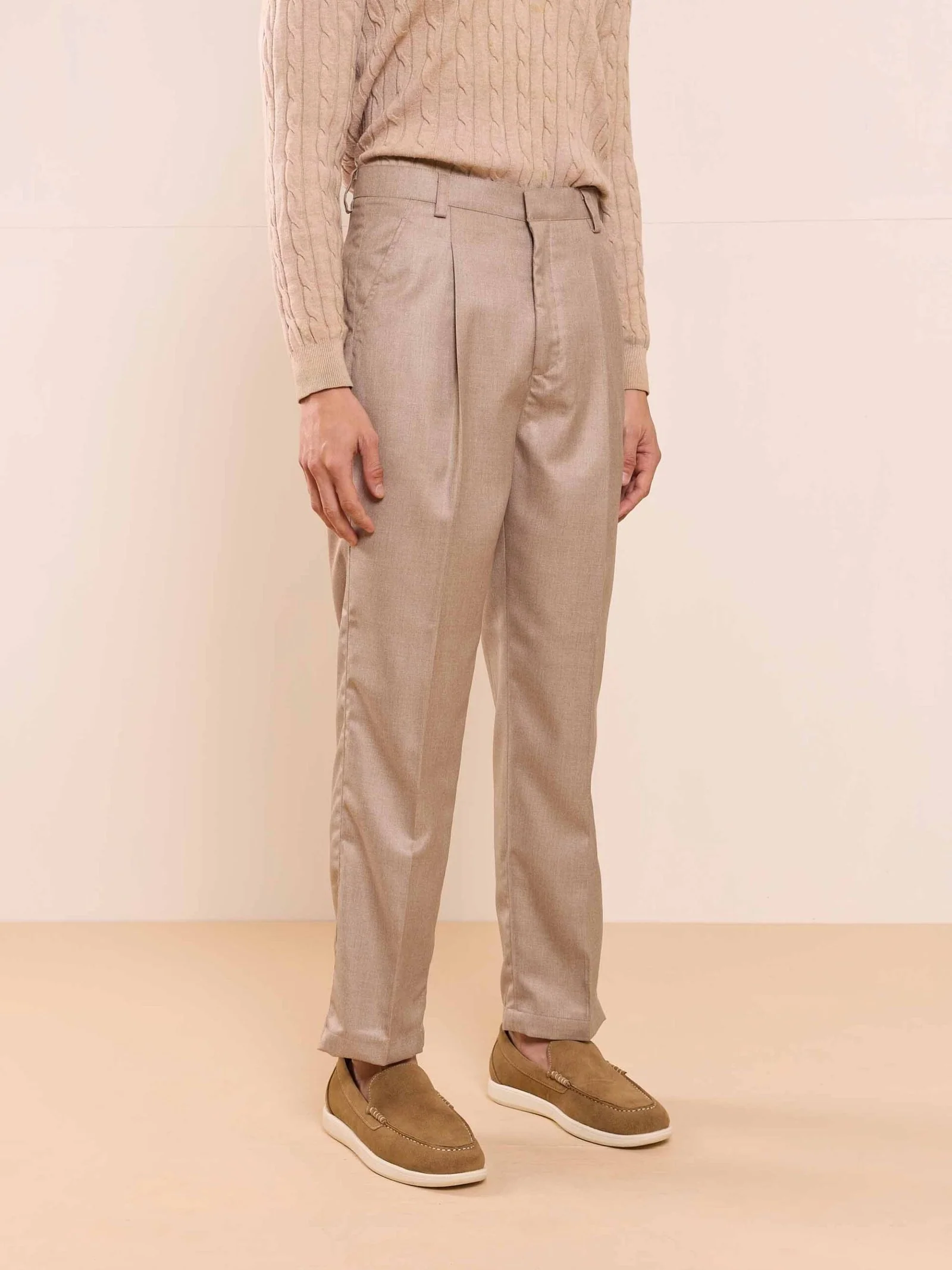 Beige Textured Baggy Fit Trousers - Image 6