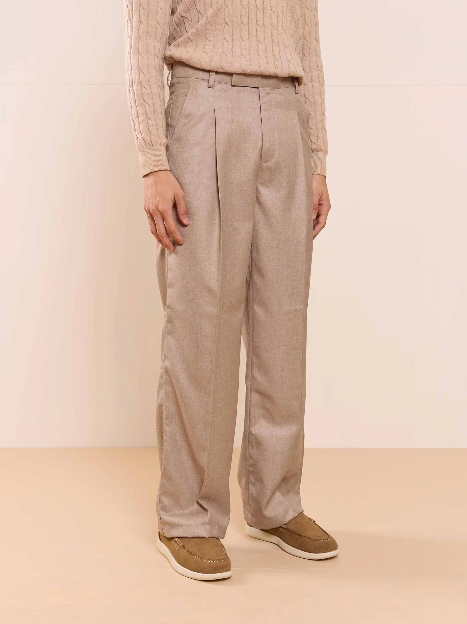 Beige Textured Baggy Fit Trousers - Image 7