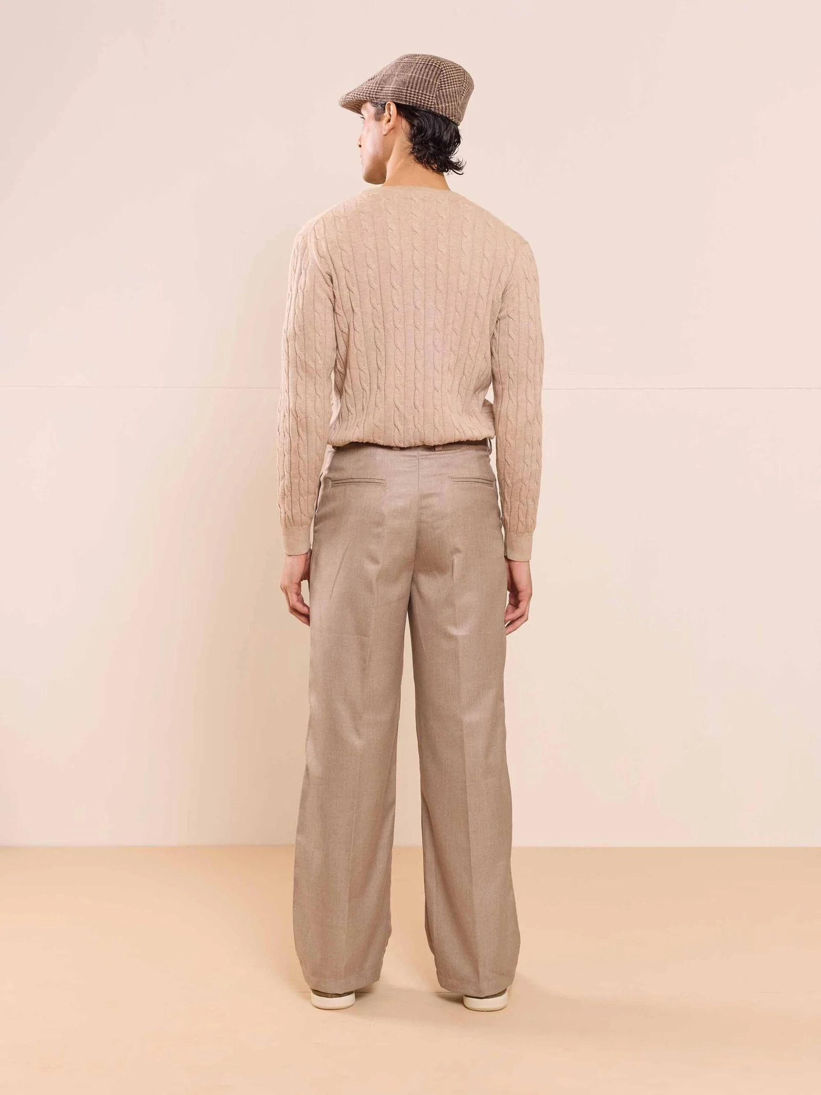 Beige Textured Baggy Fit Trousers - Image 9