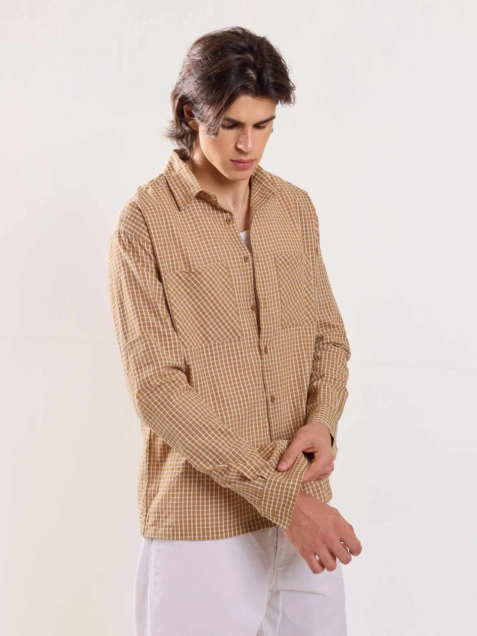 Beige Checked Holiday Shirt - Image 4