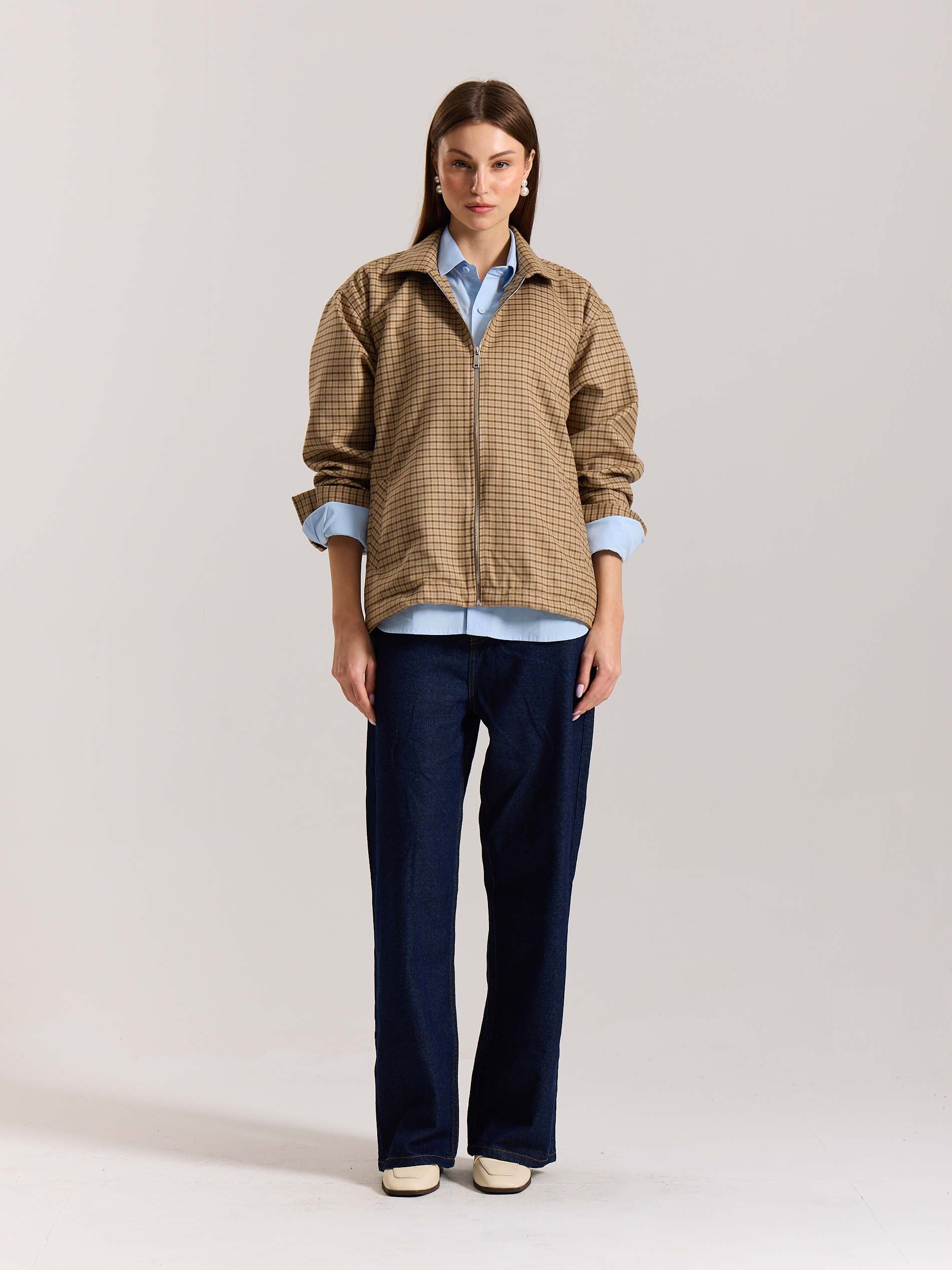 Beige Checkered Tweed Zipper Shacket ( Pre-Order ) - Image 2