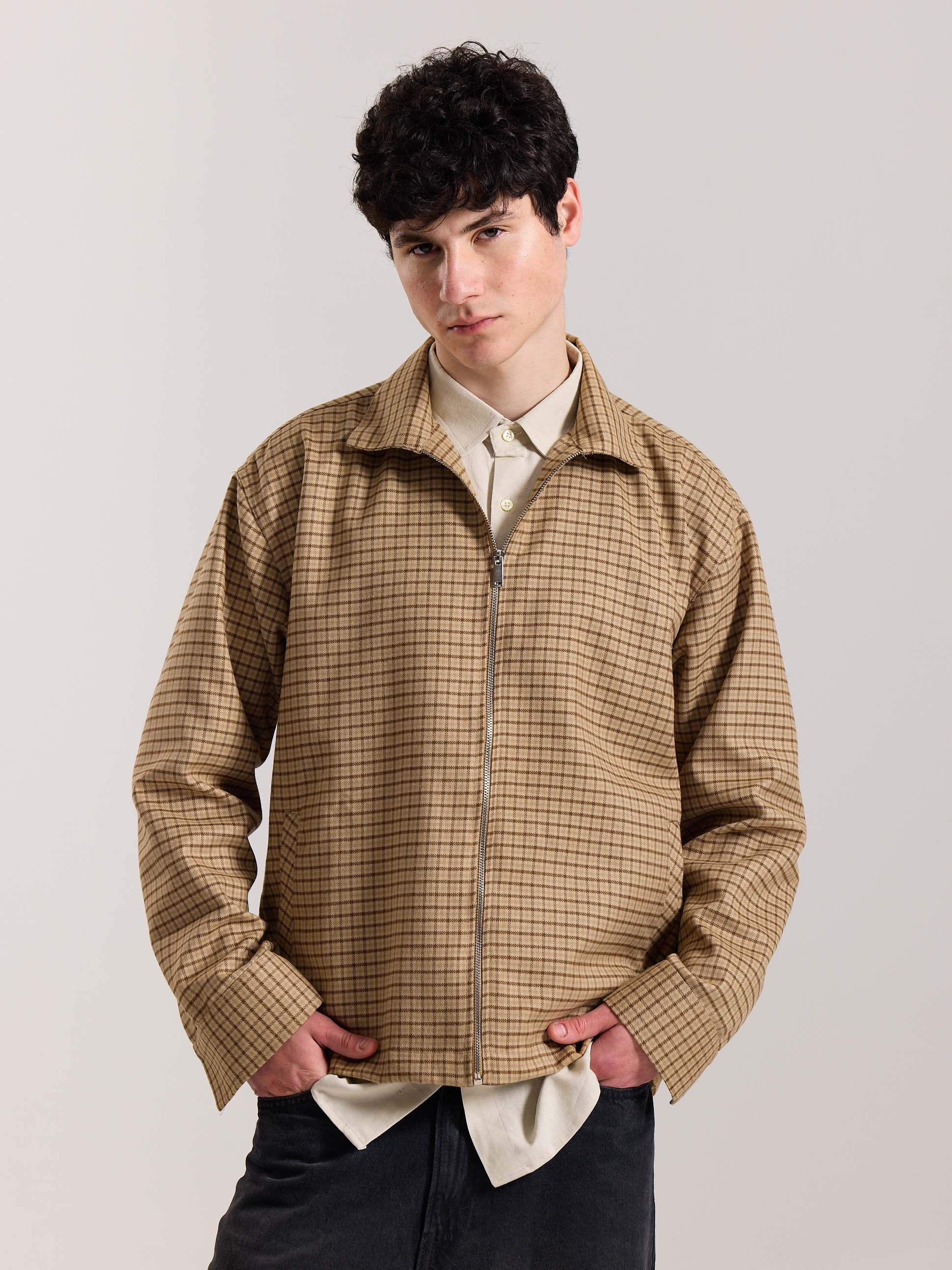 Beige Checkered Tweed Zipper Shacket ( Pre-Order ) - Image 3