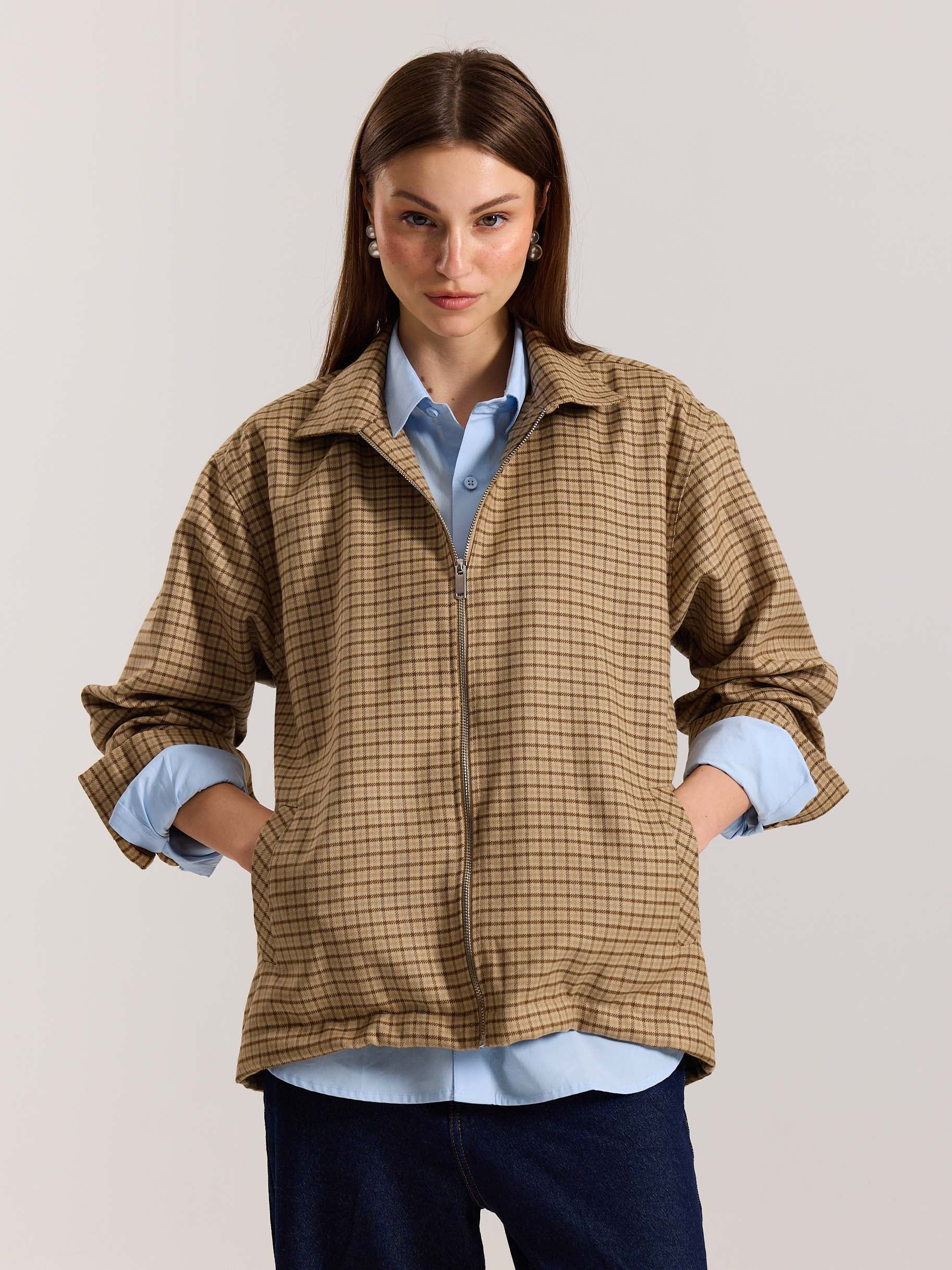 Beige Checkered Tweed Zipper Shacket ( Pre-Order ) - Image 4