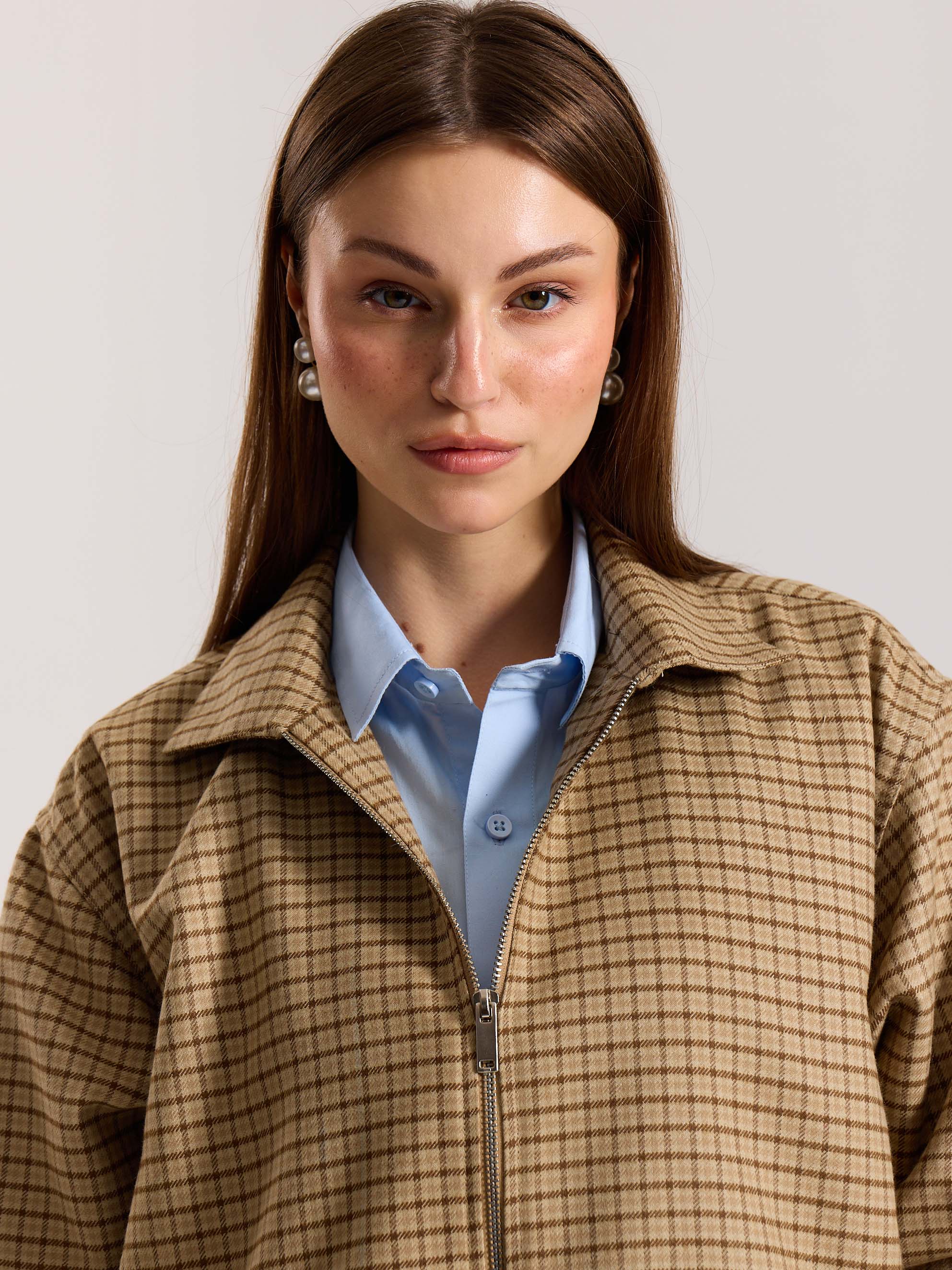 Beige Checkered Tweed Zipper Shacket ( Pre-Order ) - Image 5