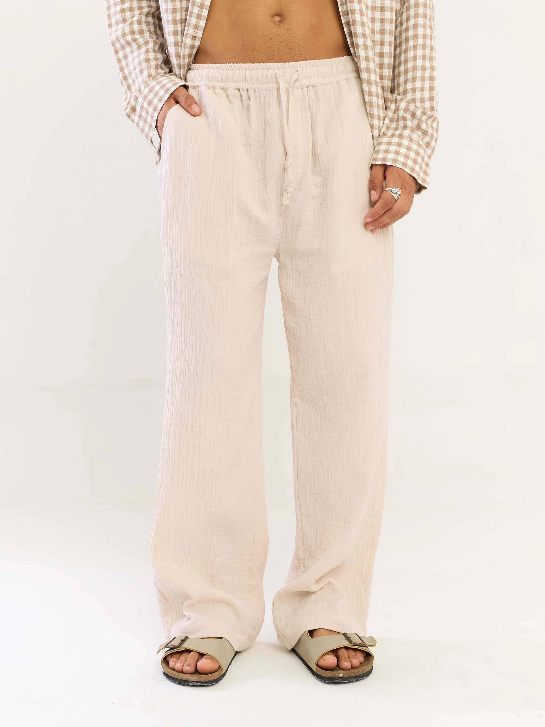Beige Gauze Pull-on Pants - Image 3