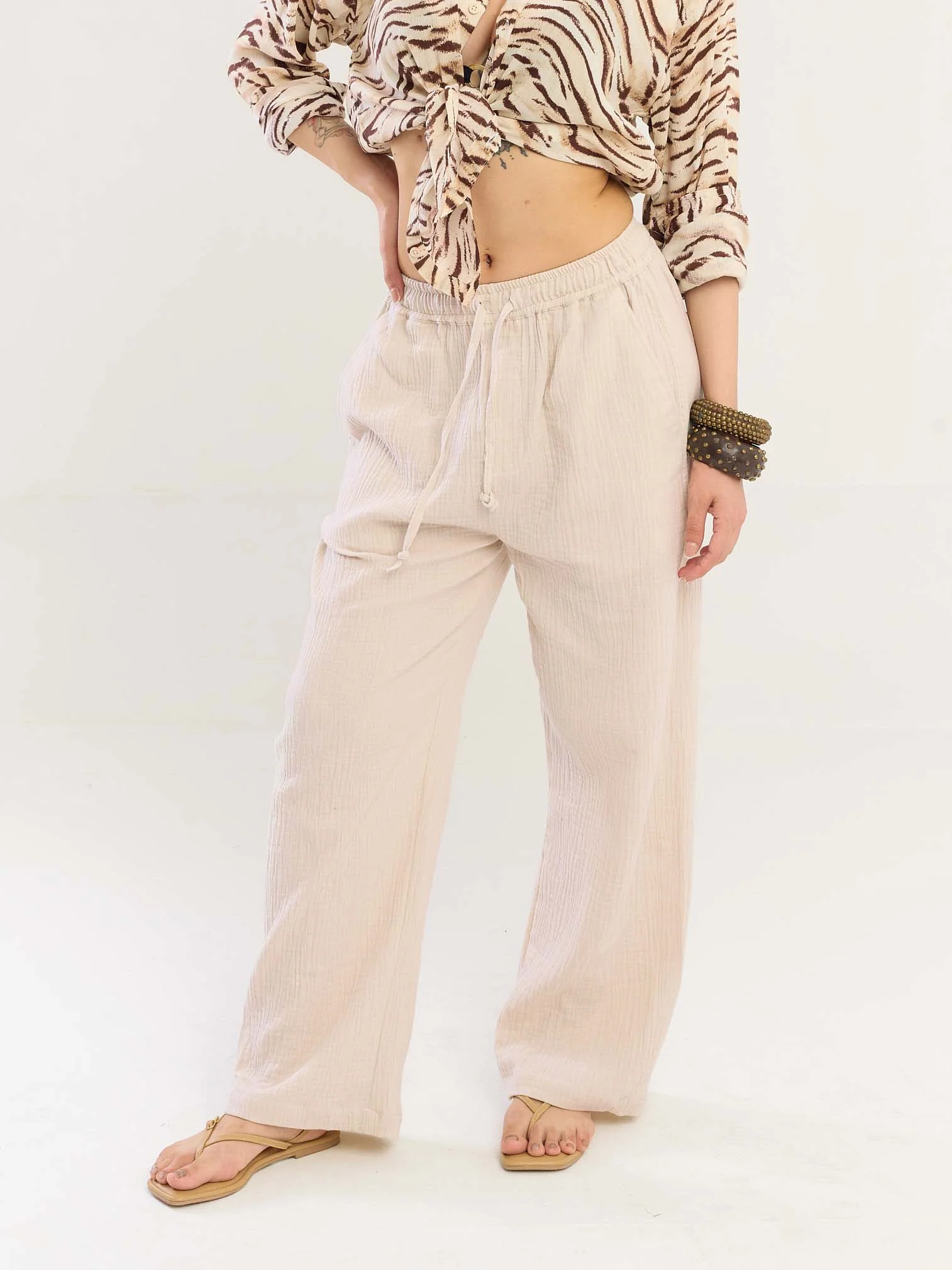 Beige Gauze Pull-on Pants - Image 5