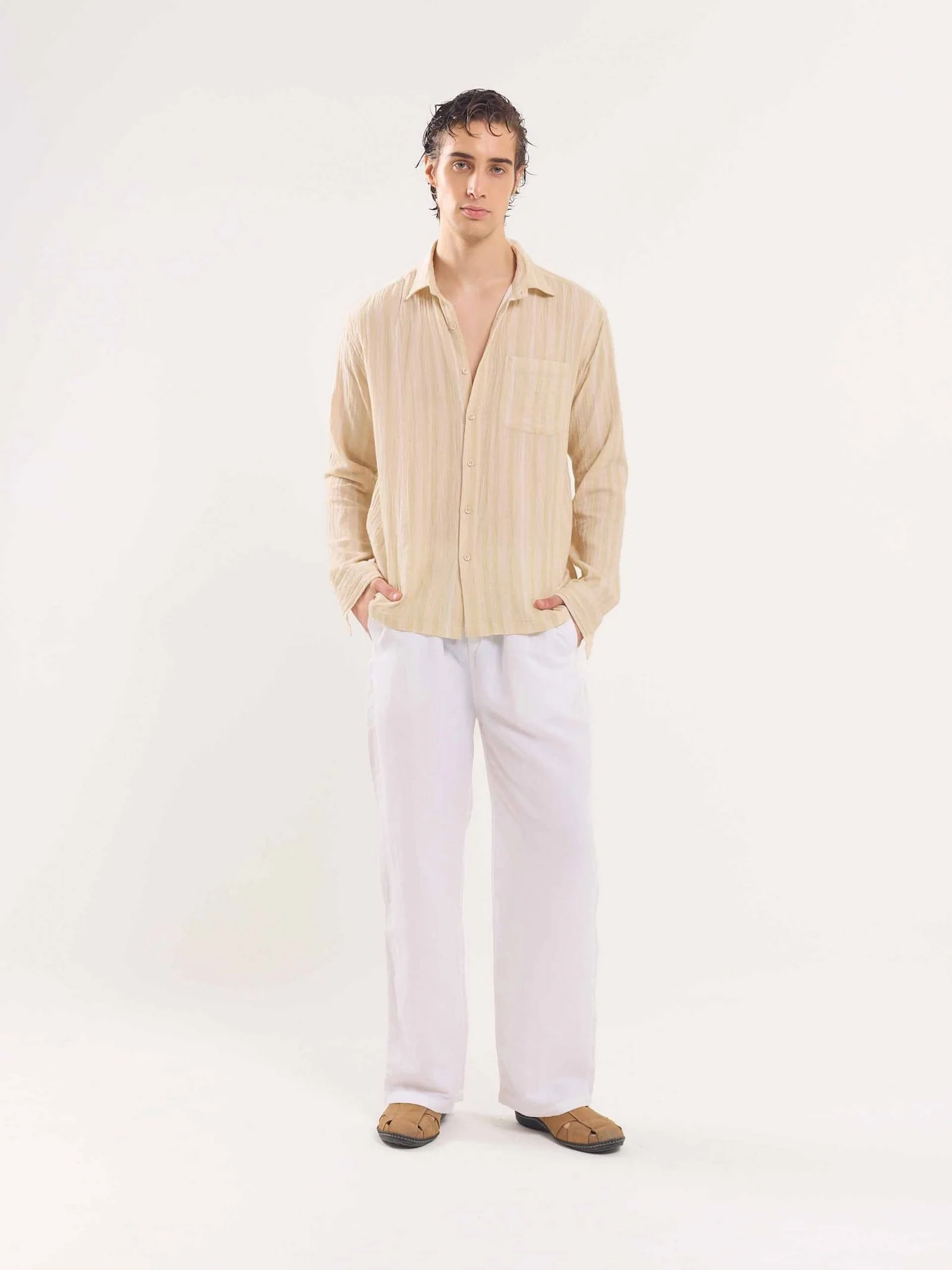 Beige Gauze Striped Holiday Shirt - Image 2