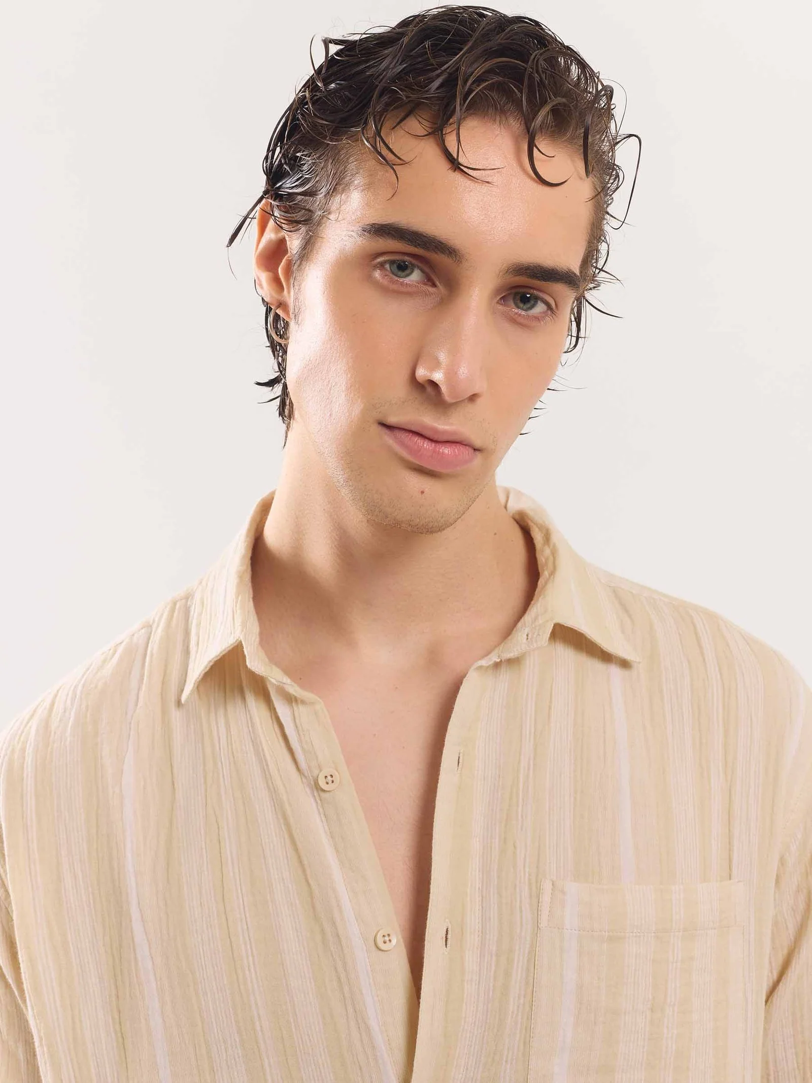 Beige Gauze Striped Holiday Shirt - Image 3