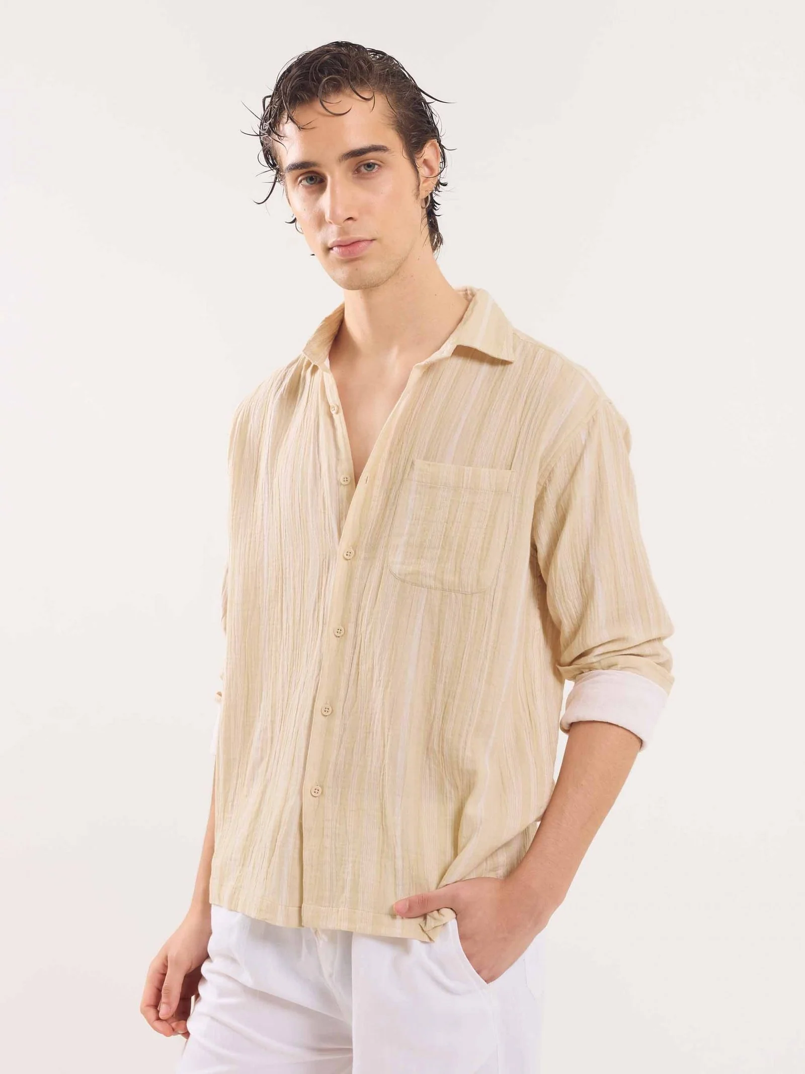 Beige Gauze Striped Holiday Shirt - Image 4
