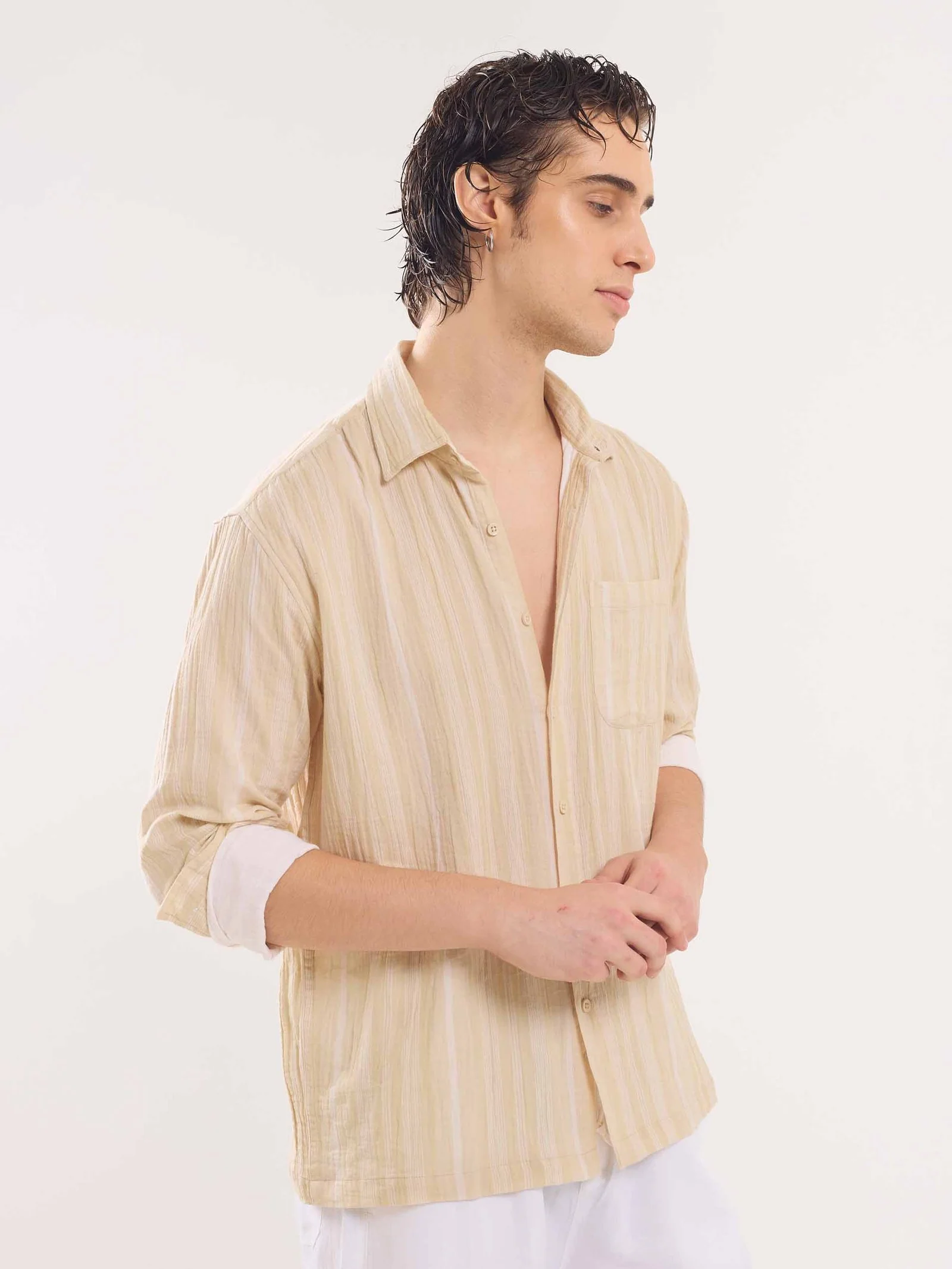 Beige Gauze Striped Holiday Shirt - Image 5