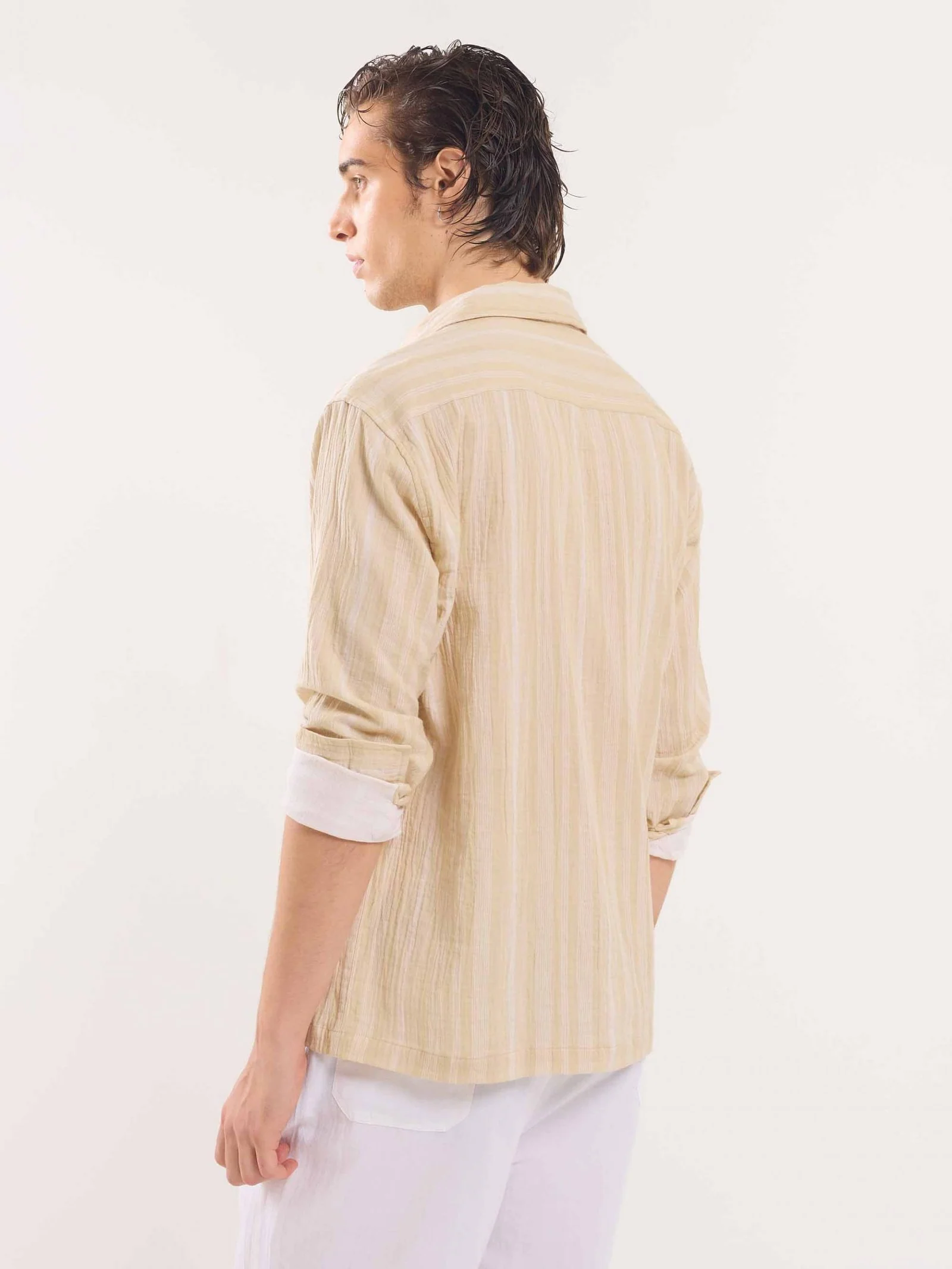 Beige Gauze Striped Holiday Shirt - Image 6