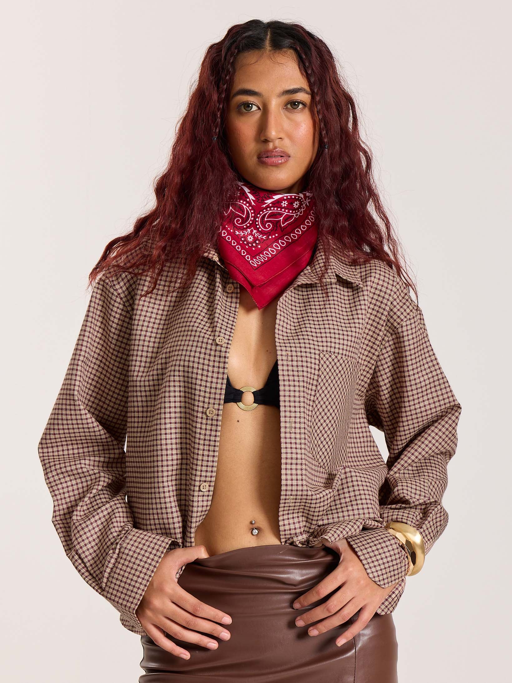 Beige & Maroon Checkered Oversized Cropped Shirt - Image 4