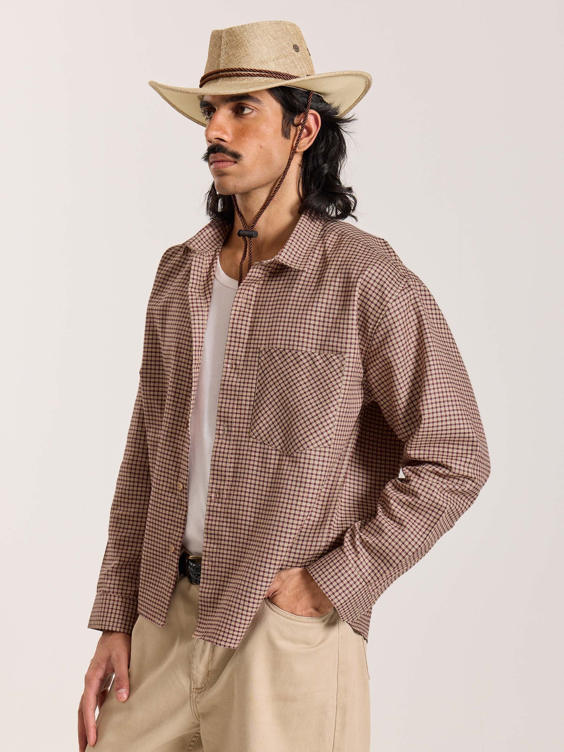 Beige & Maroon Checkered Oversized Cropped Shirt - Image 6