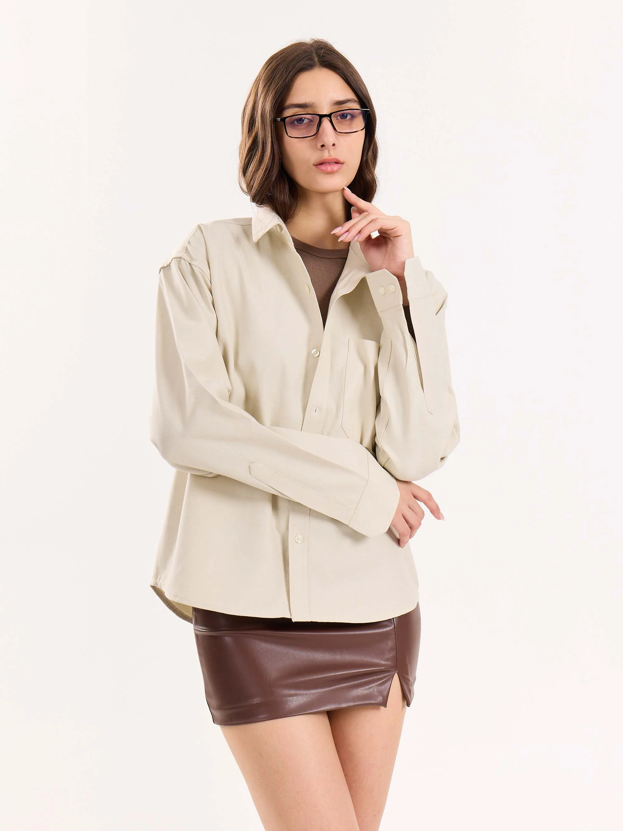 Beige Oversized Cropped Shirt - Image 4