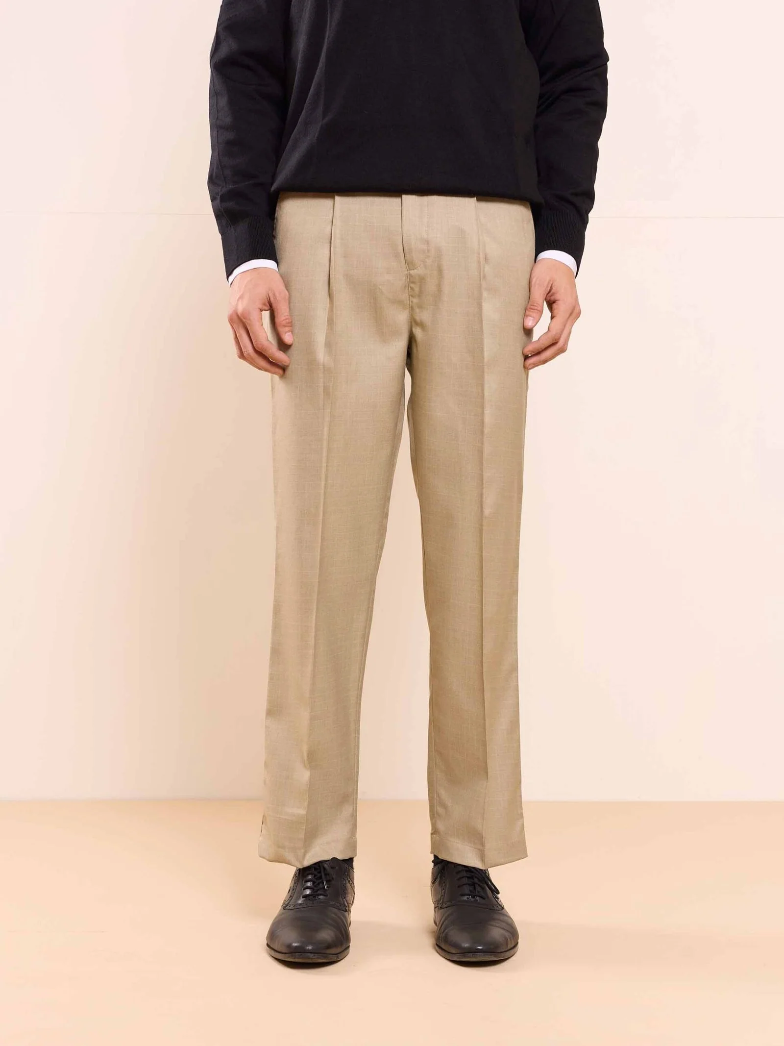 Beige Straight Fit Checked Trousers - Image 3