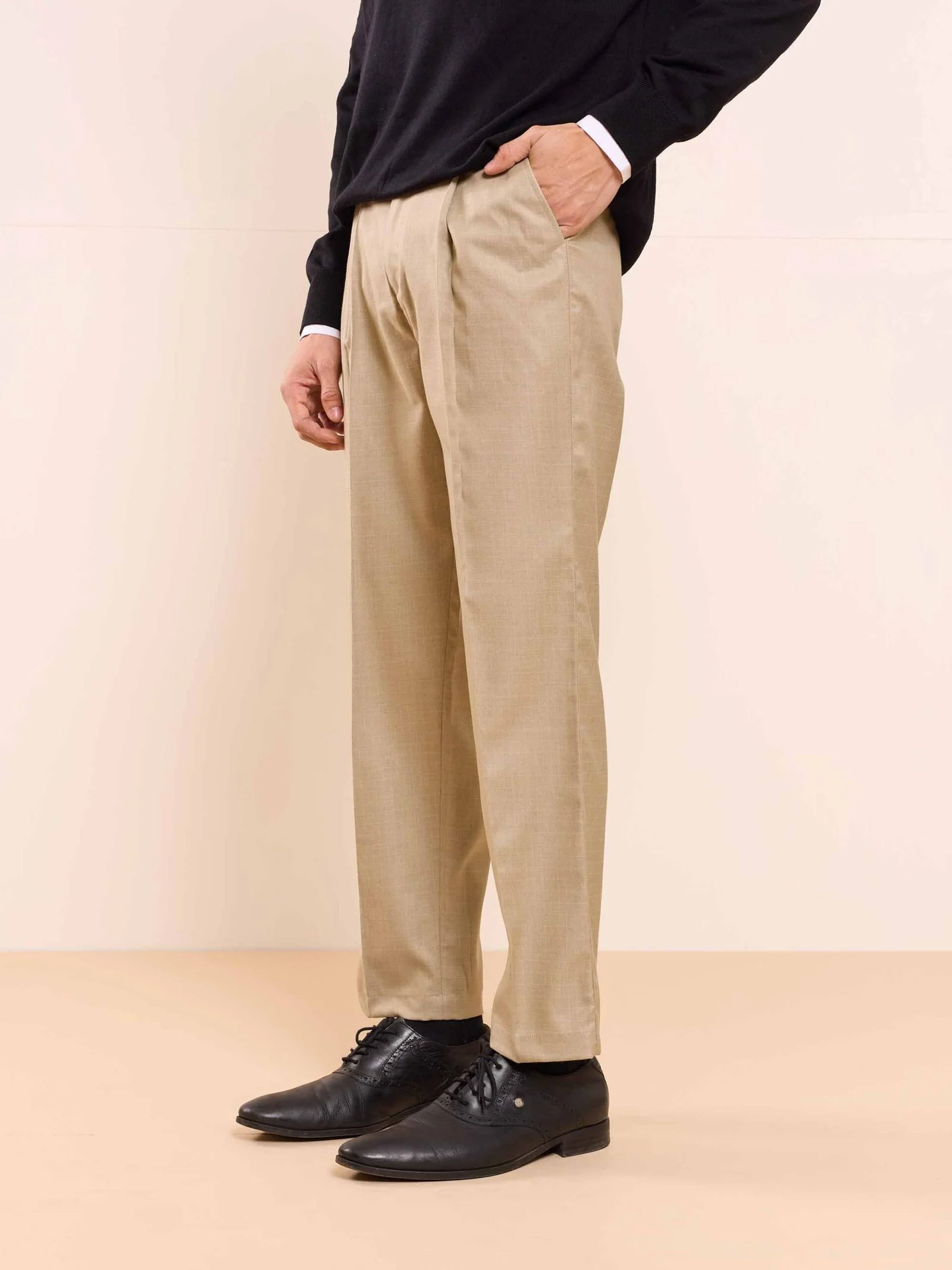 Beige Straight Fit Checked Trousers - Image 4