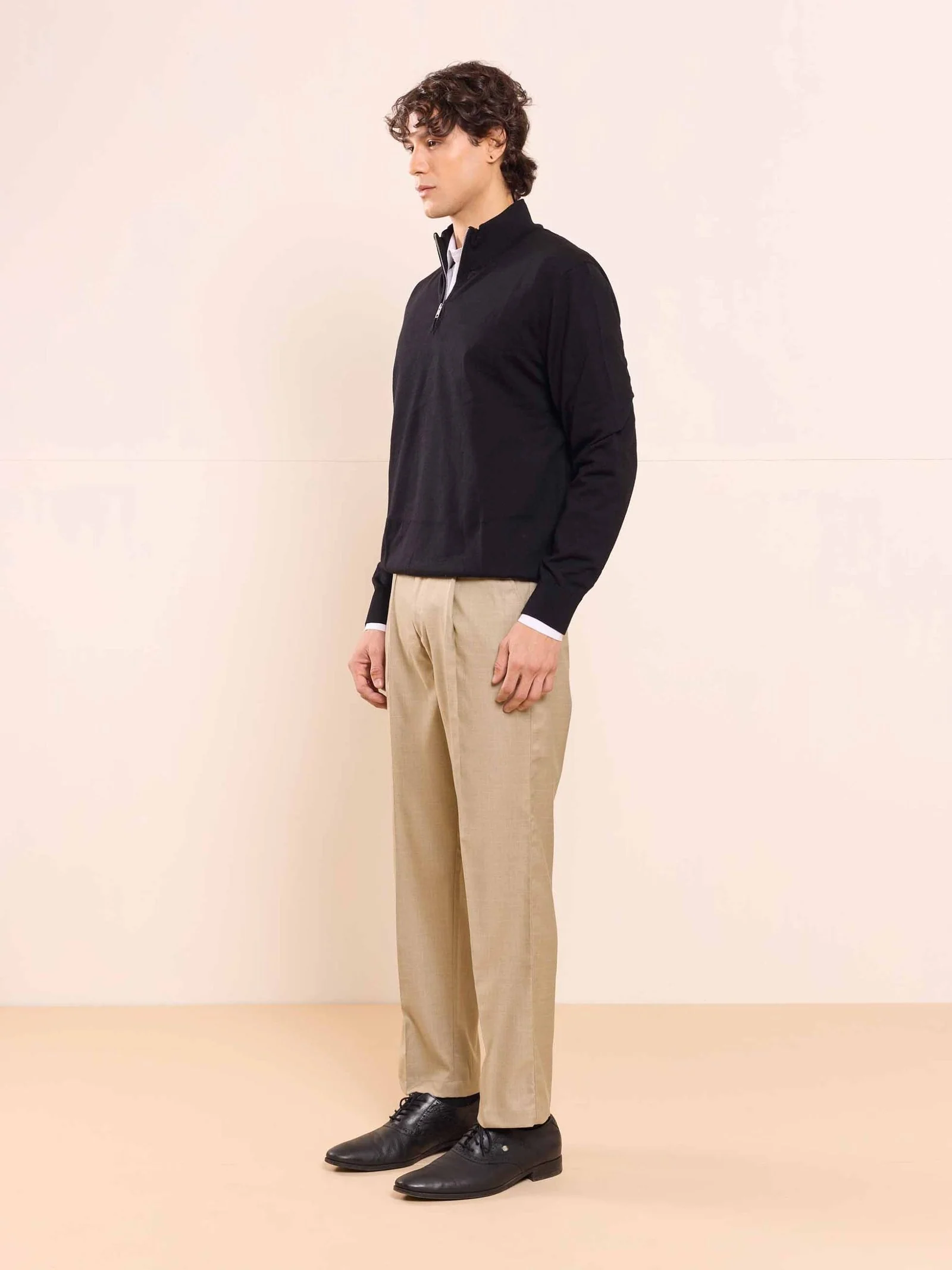 Beige Straight Fit Checked Trousers - Image 5