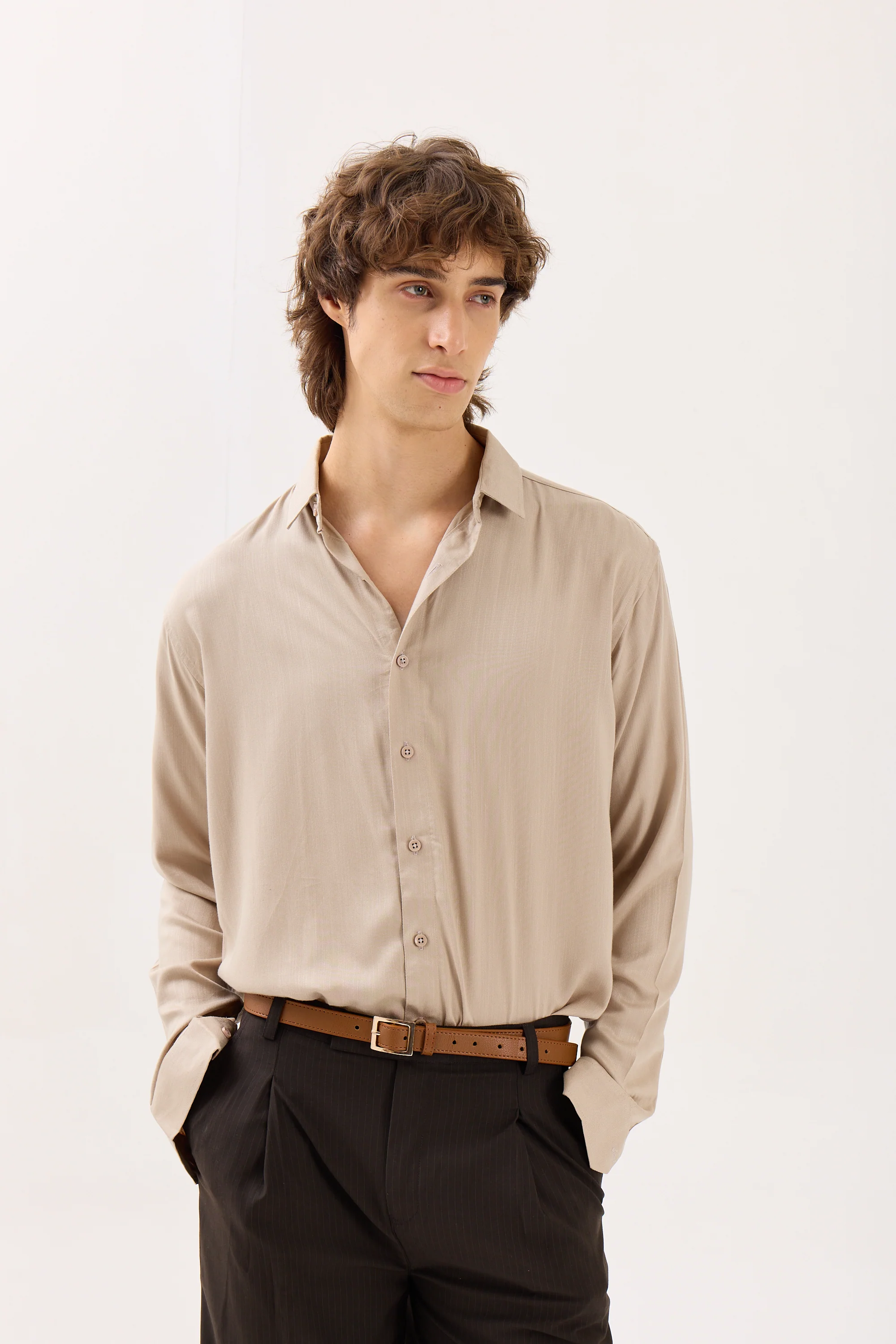 Beige Textured Drape Shirt - Image 3