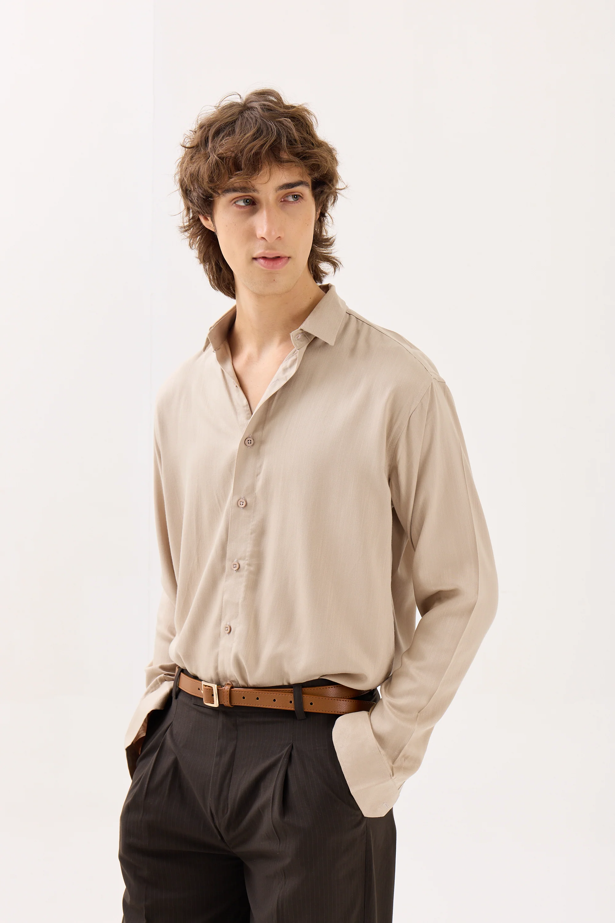 Beige Textured Drape Shirt - Image 5