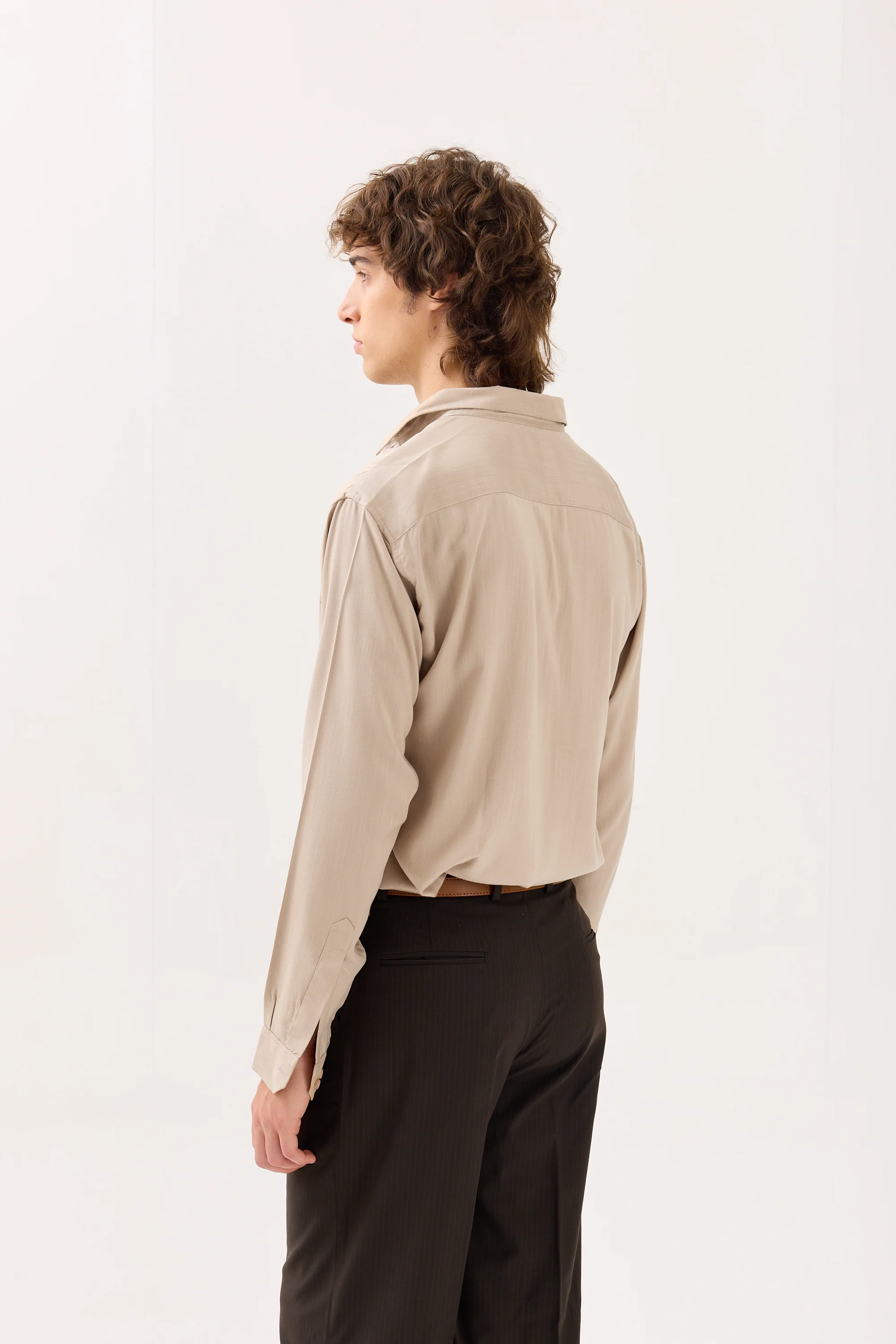 Beige Textured Drape Shirt - Image 6