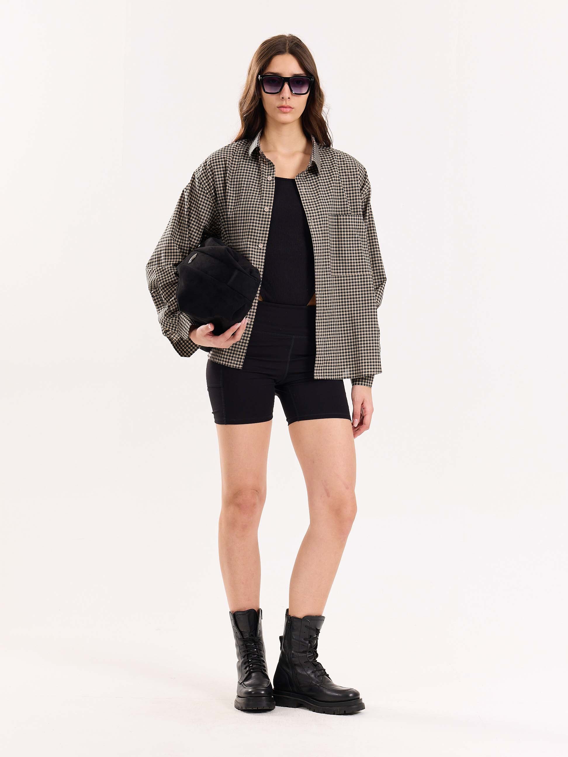 Black & Beige Checkered Cropped Shirt - Image 3