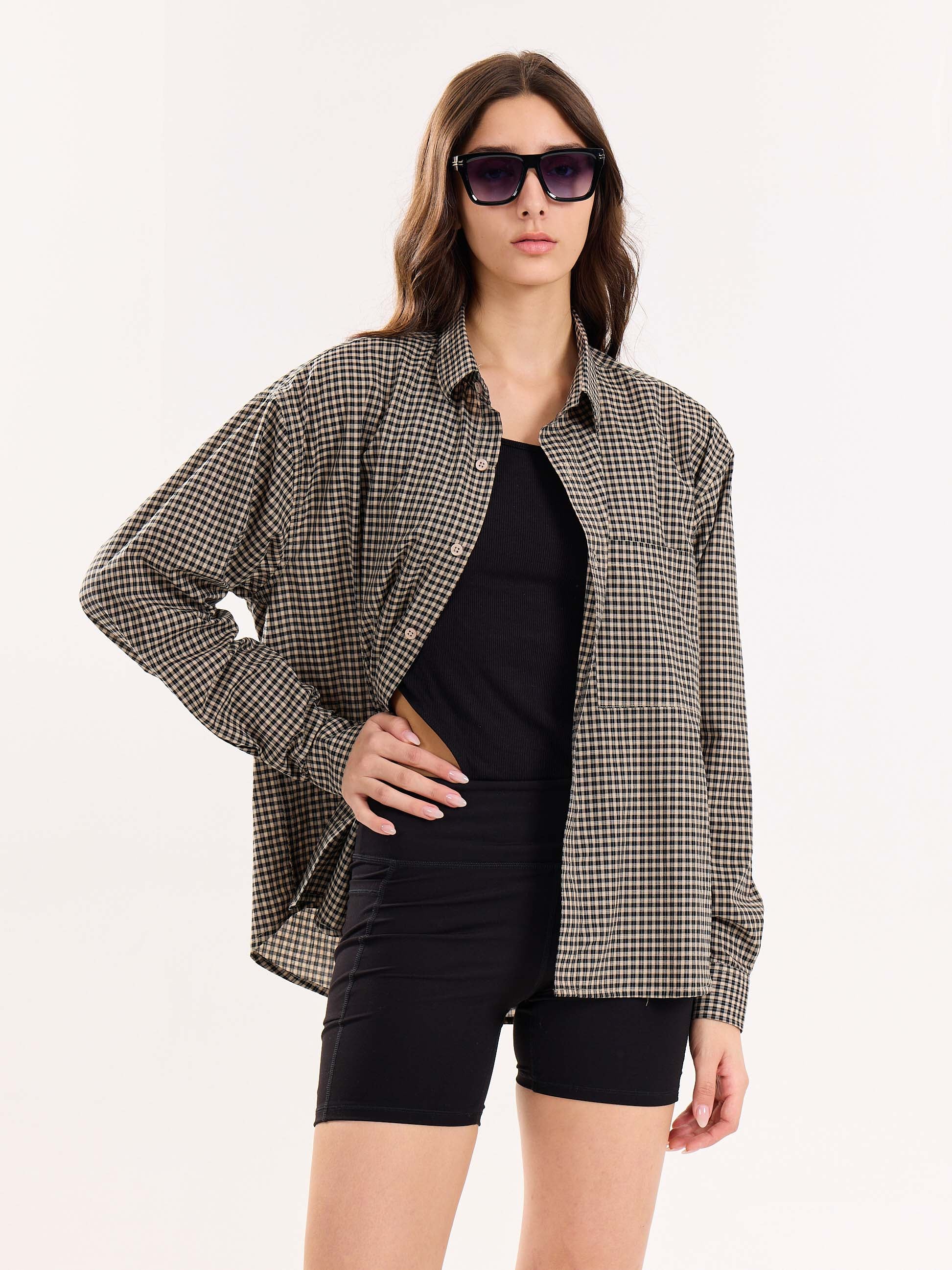Black & Beige Checkered Cropped Shirt - Image 4