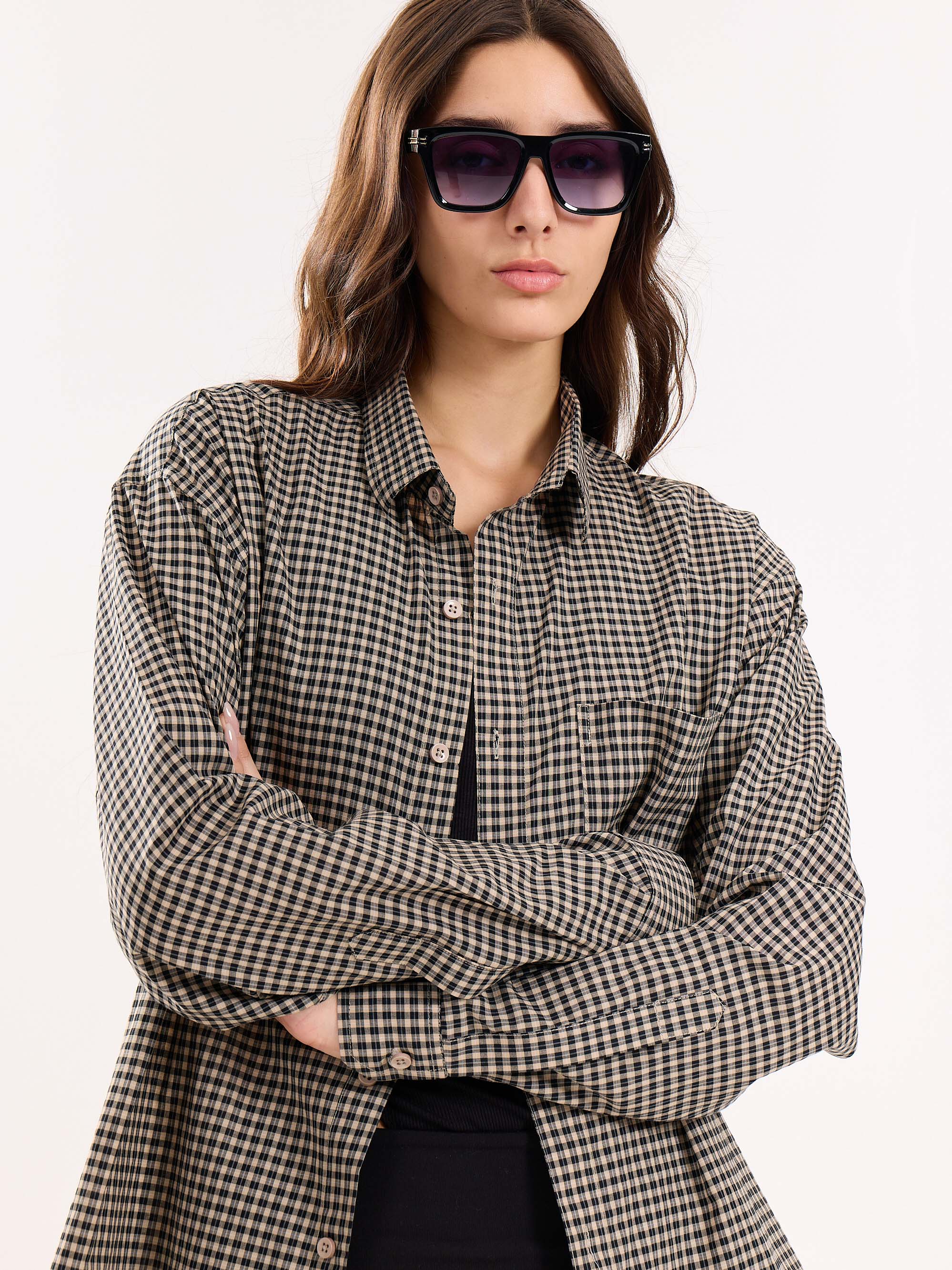 Black & Beige Checkered Cropped Shirt - Image 5