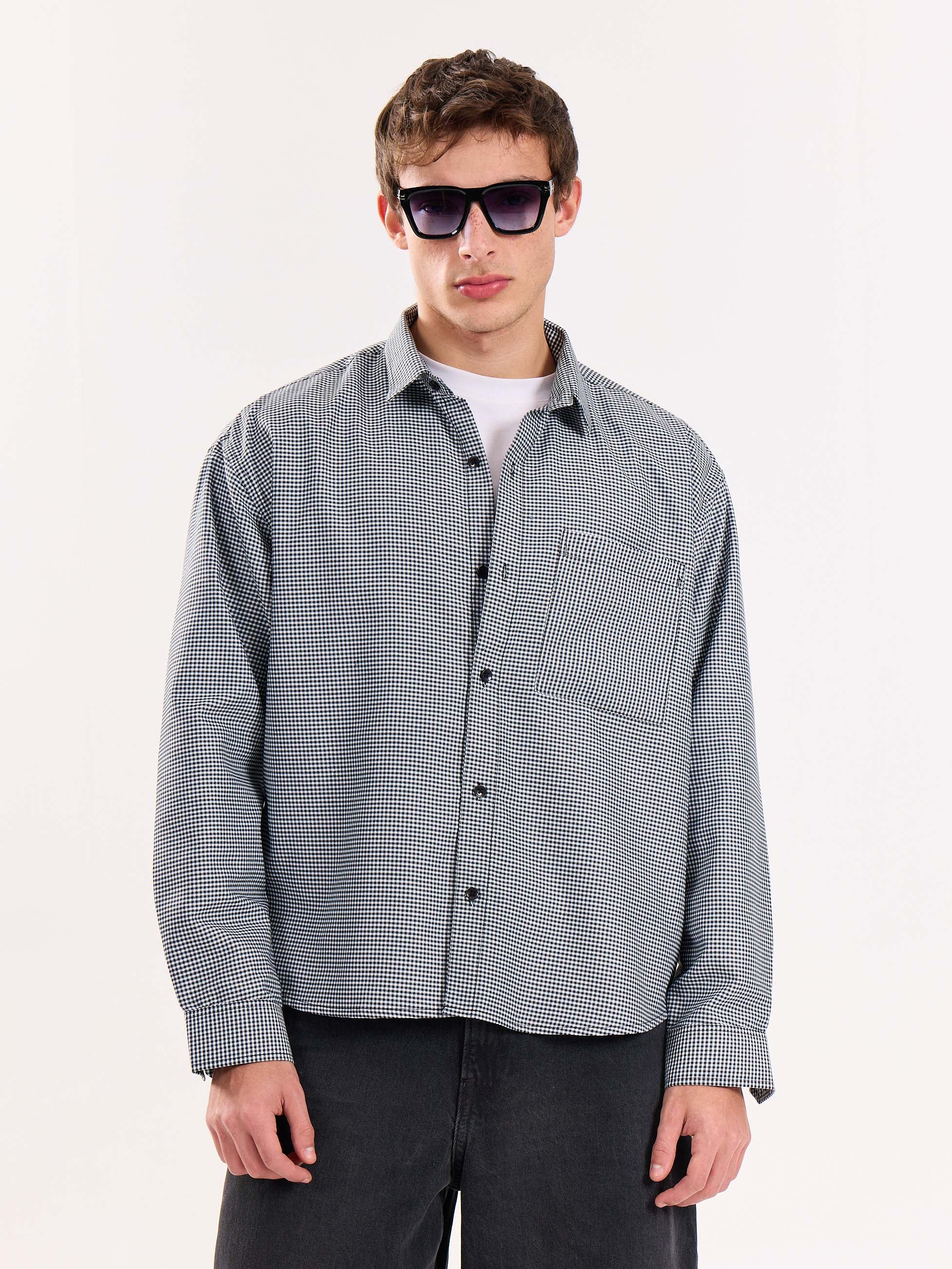 Black Checkered Oversized Cropped Shirt - Image 2