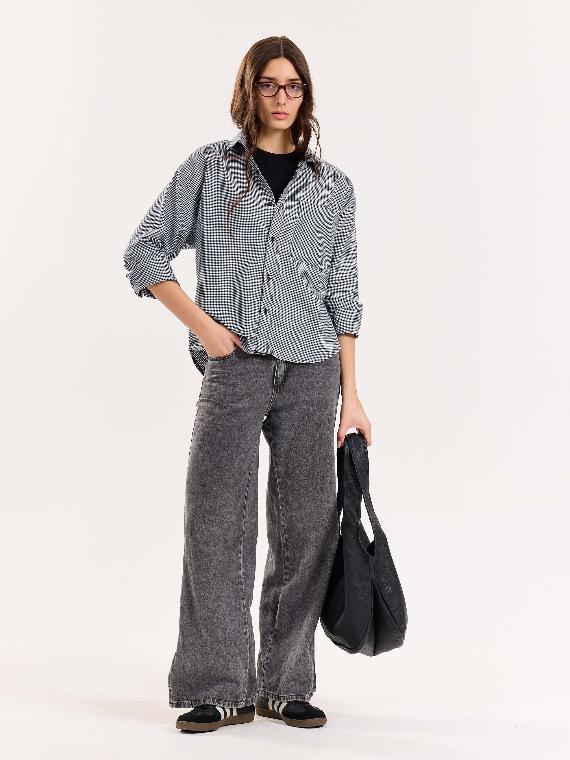 Black Checkered Oversized Cropped Shirt - Image 3