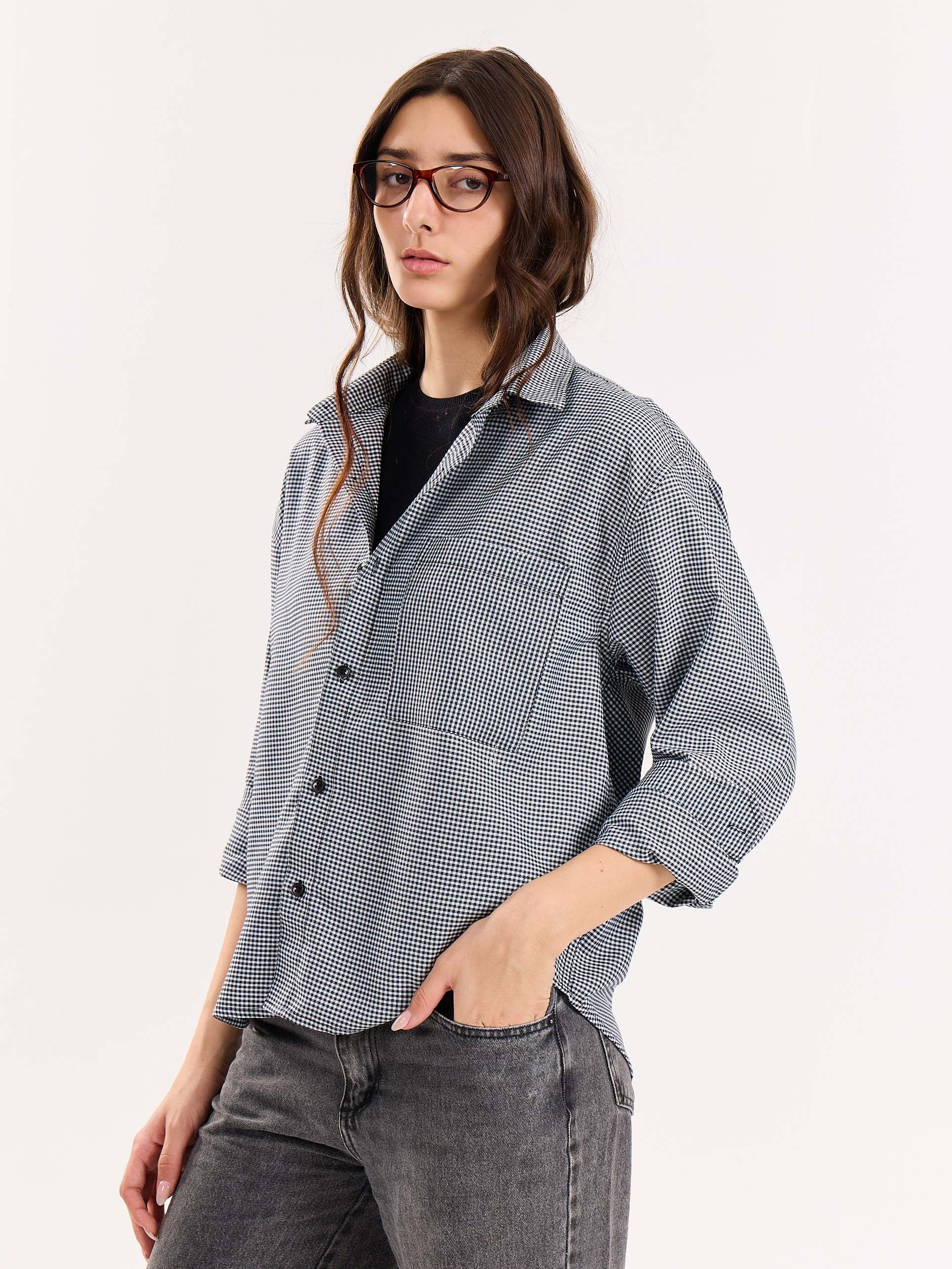 Black Checkered Oversized Cropped Shirt - Image 5