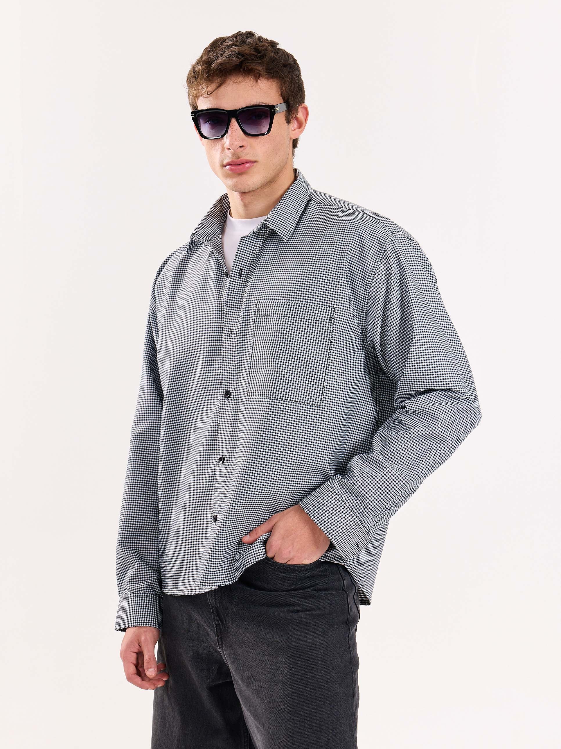 Black Checkered Oversized Cropped Shirt - Image 7