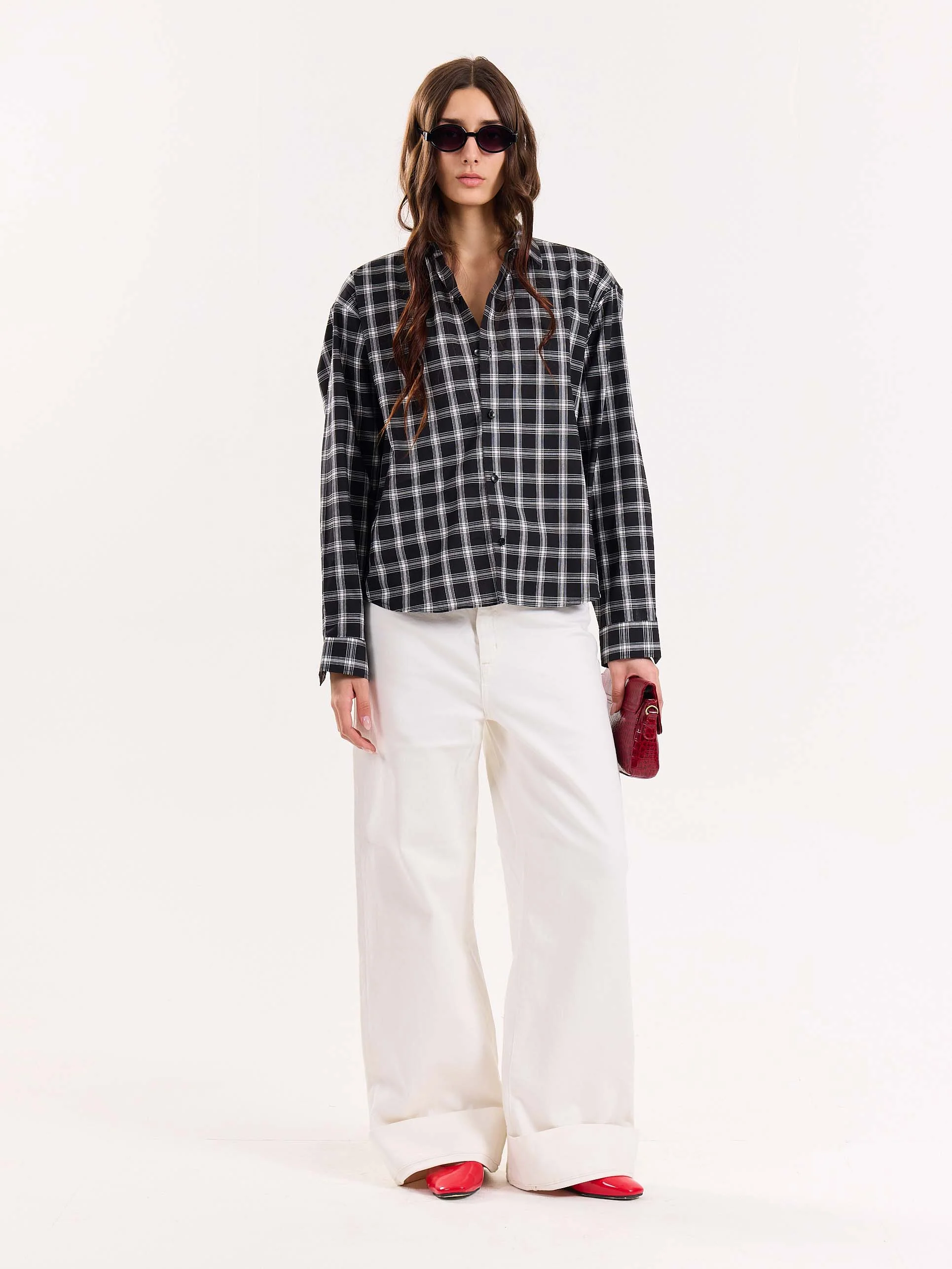 Black Checkered Poplin Cropped Shirt - Image 3