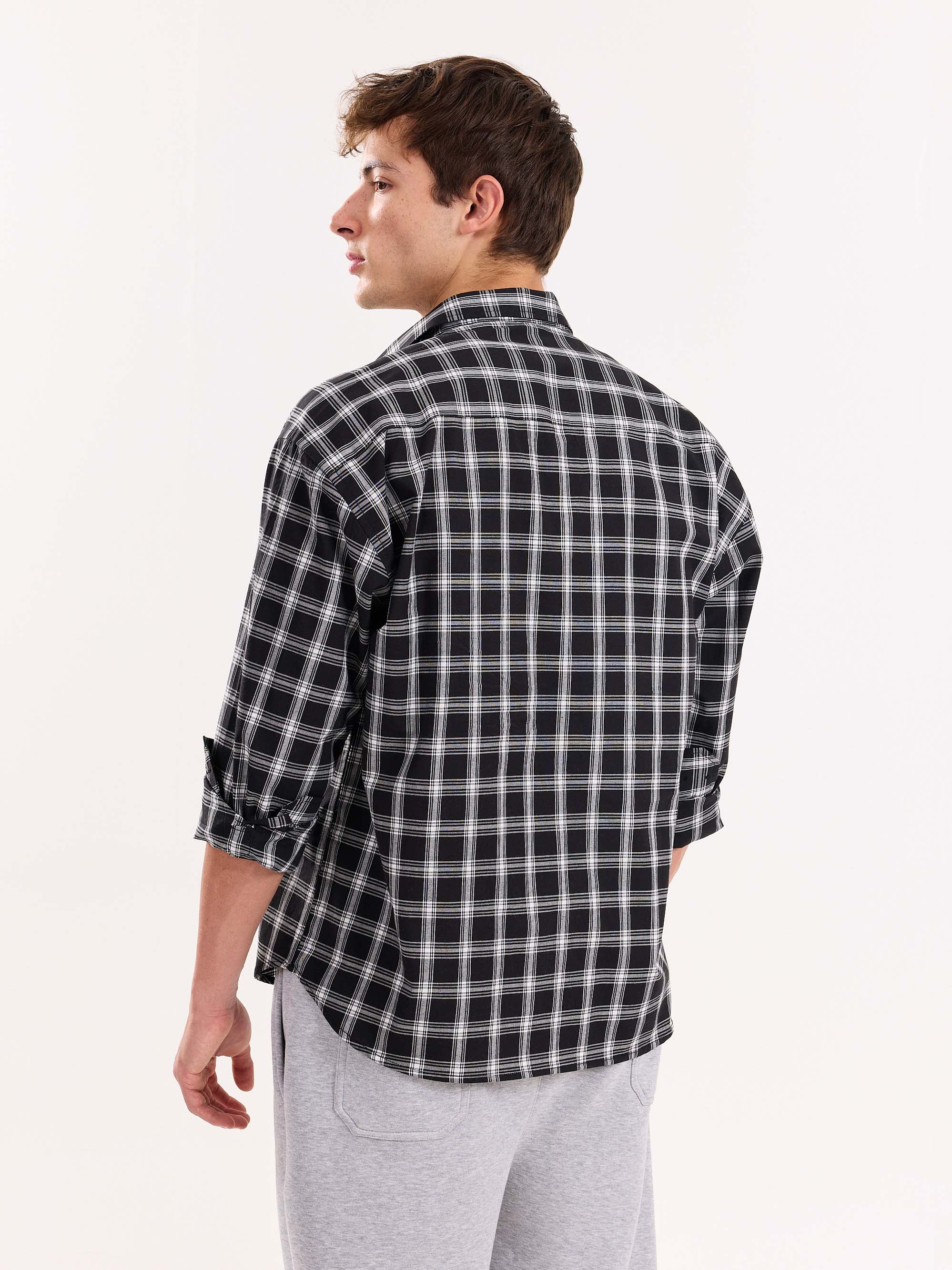 Black Checkered Poplin Cropped Shirt - Image 8