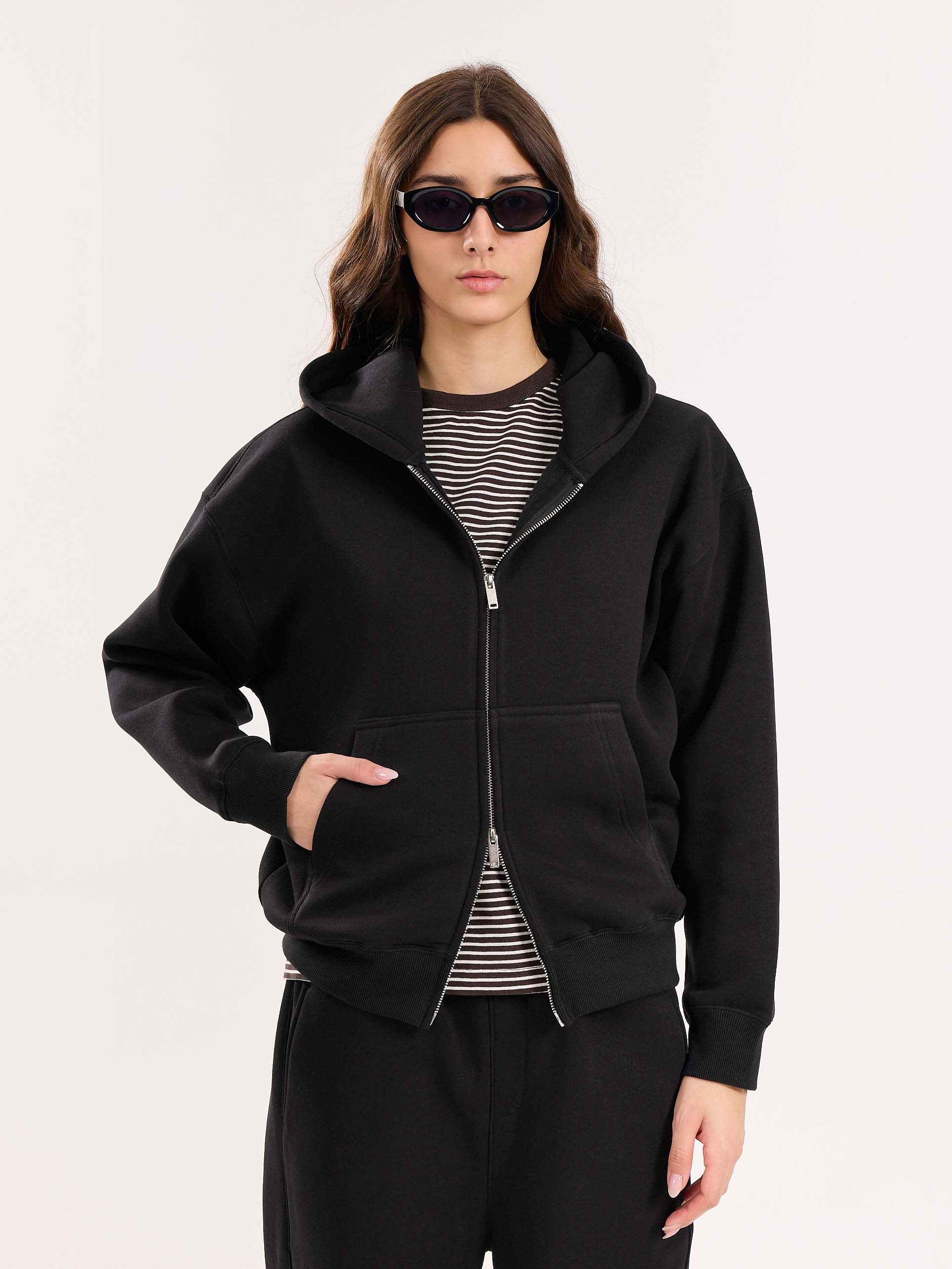 Black Cropped Zip-Up Hoodie - Image 4