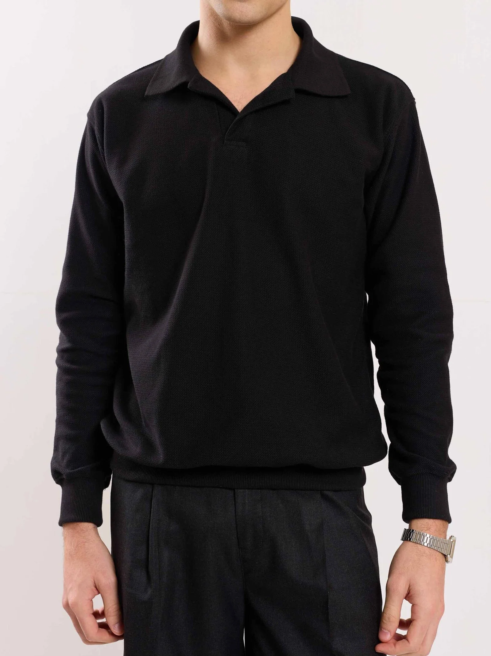 Black Jacquard Knit Polo T-shirt - Image 4
