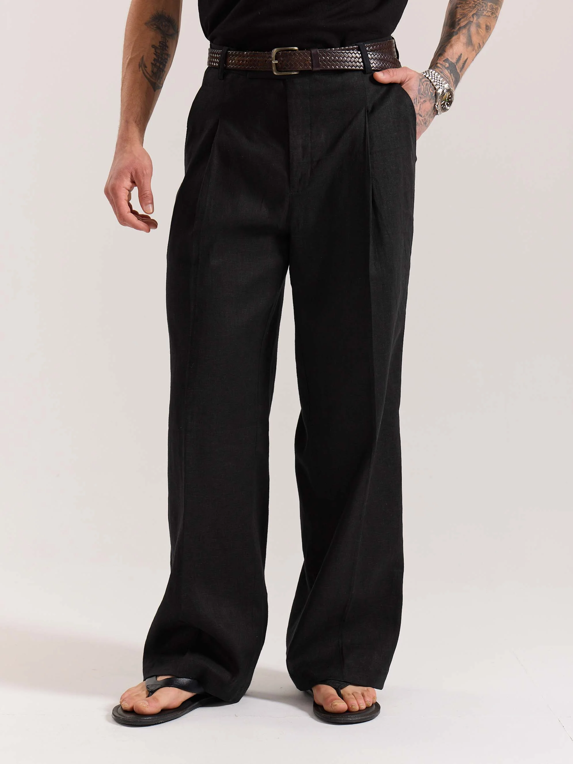 Black Linen Baggy Fit Trousers - Image 3