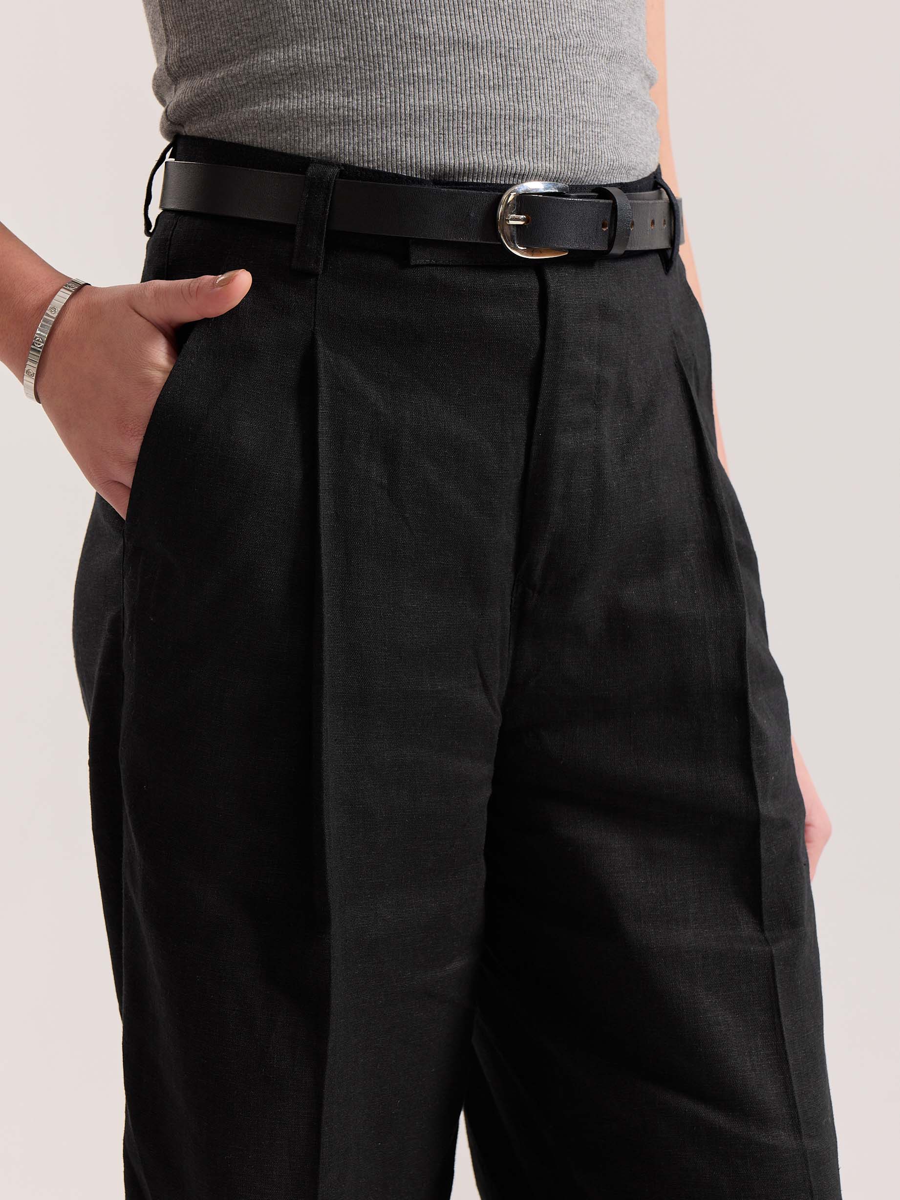 Black Linen Baggy Fit Trousers - Image 7