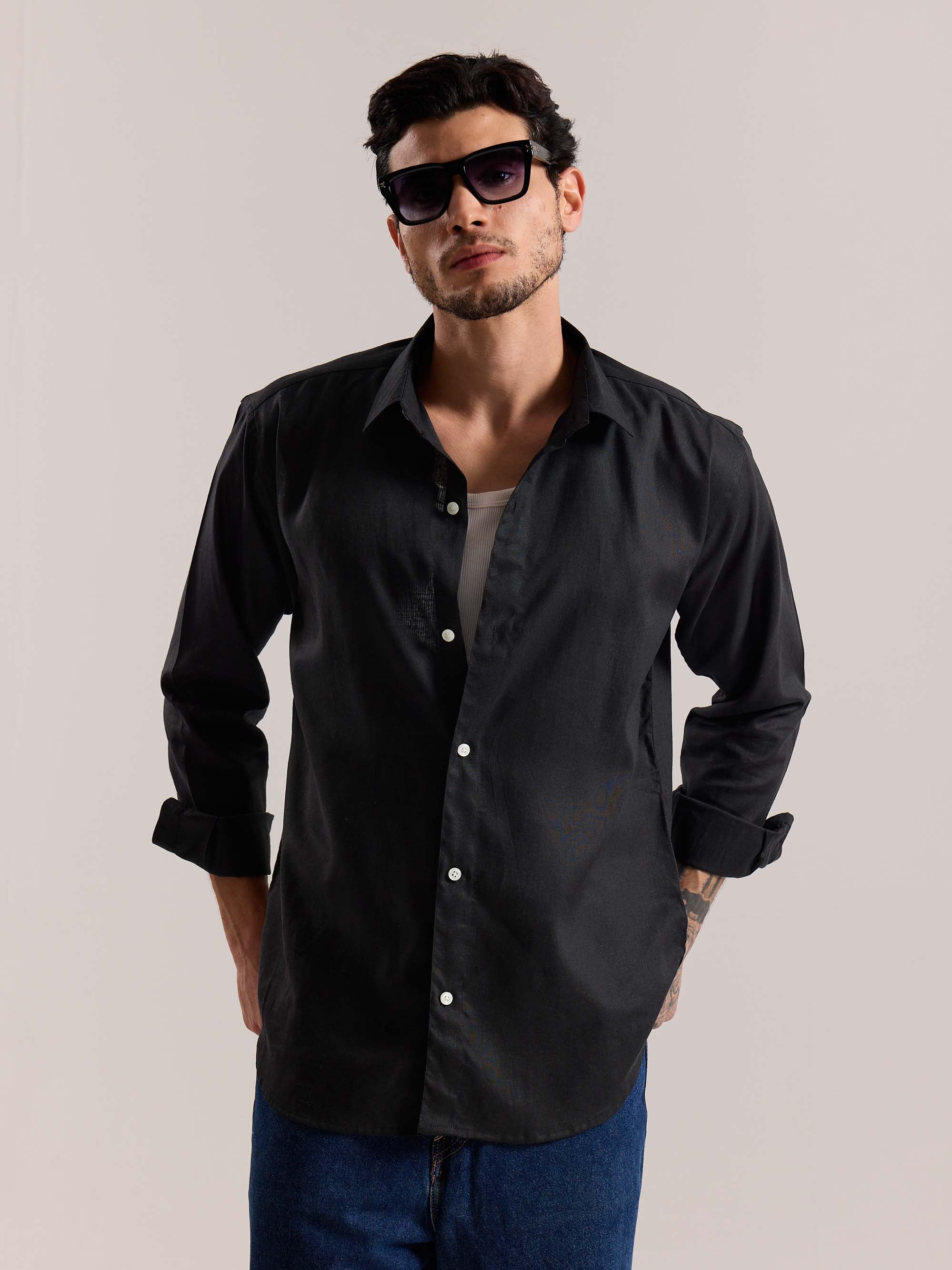Black Linen-blend Shirt - Image 3