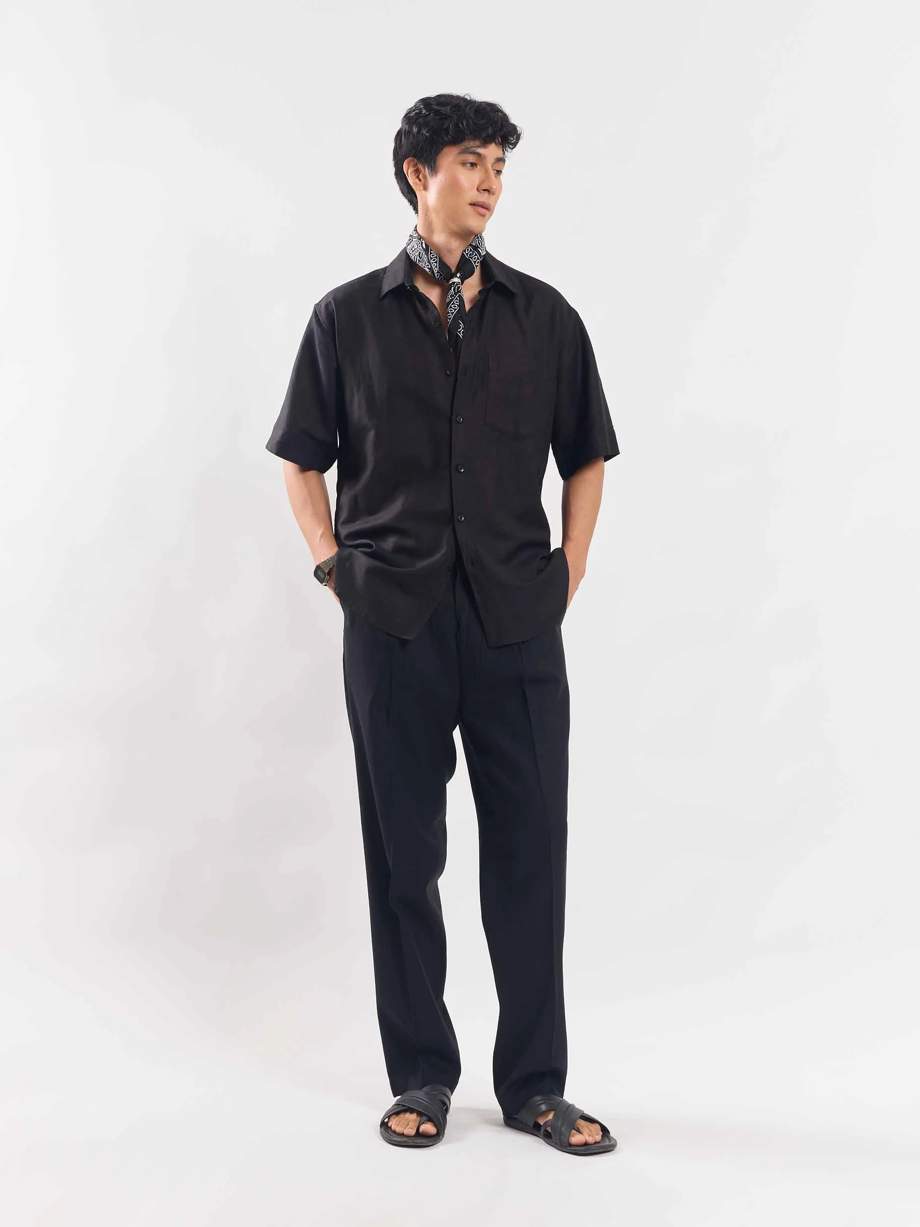 Black Half Sleeve Linen Shirt - Image 2
