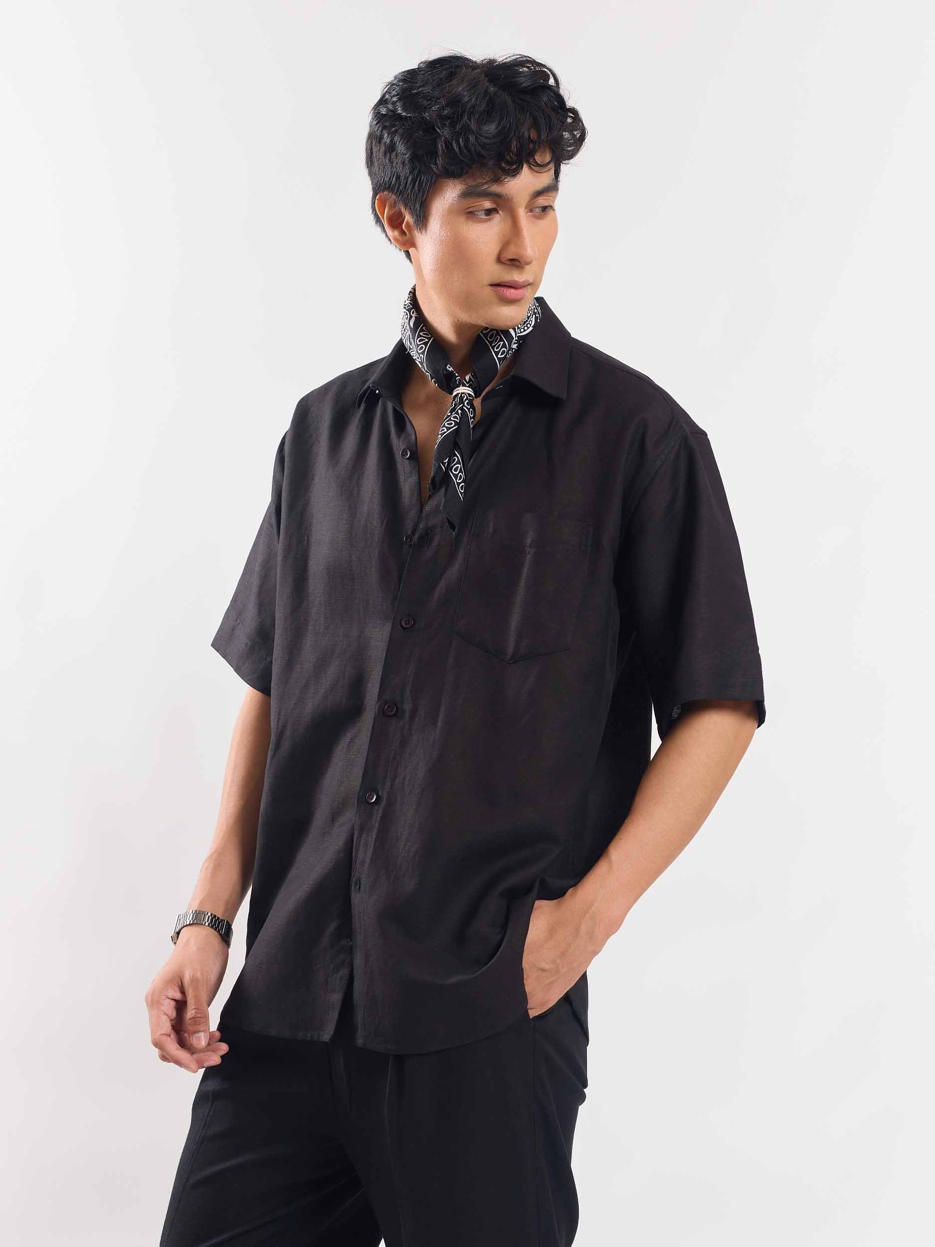 Black Half Sleeve Linen Shirt - Image 3