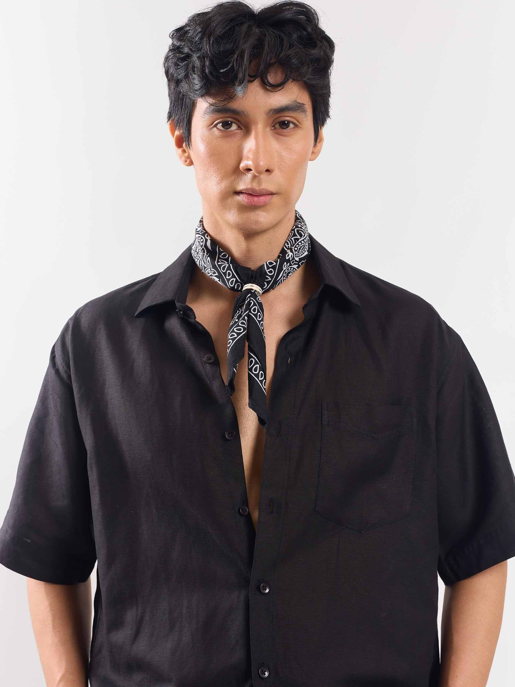 Black Half Sleeve Linen Shirt - Image 4