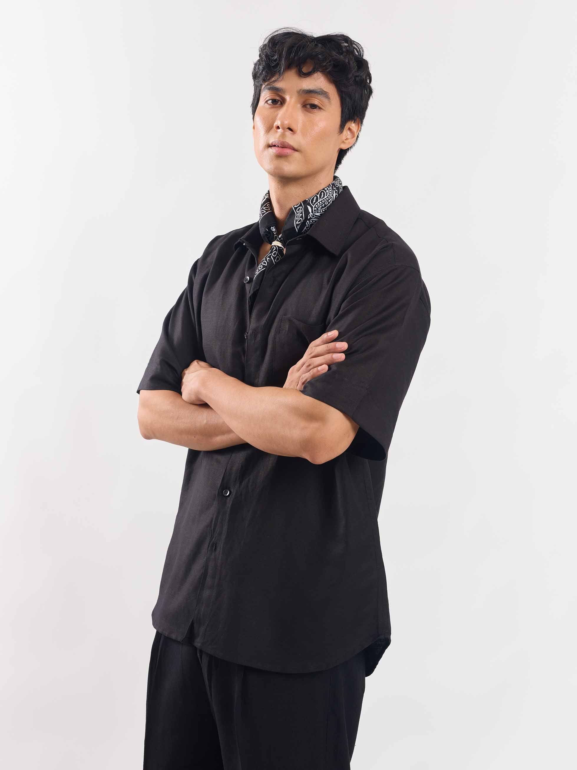 Black Half Sleeve Linen Shirt - Image 5